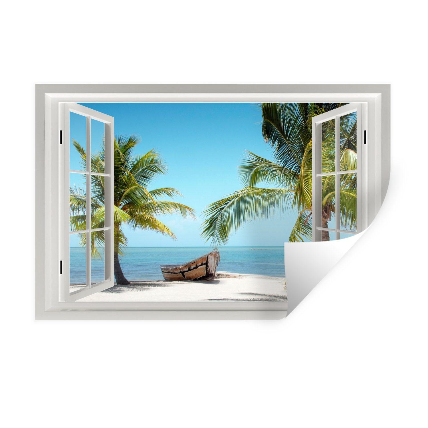 MuchoWow Wandsticker Aussicht - Strand - Palme - Boot - Tropisch - Meer - Blau (1 St), Wandaufkleber, Wandtattoo, Selbstklebend, Wohnzimmer, Schlafzimmer