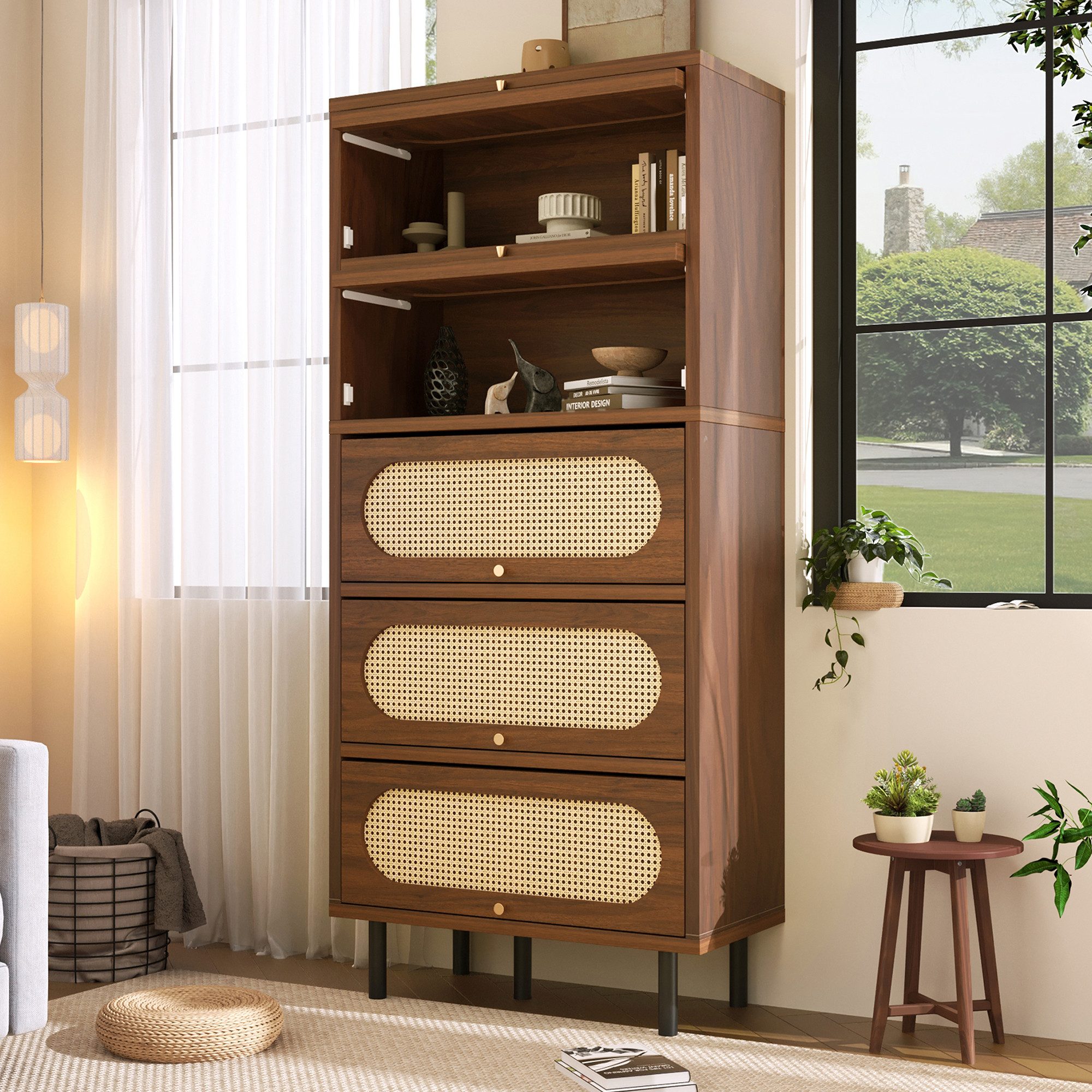HAUSS SPOLE Sideboard Hochschrank mit 5 Klappen, Kommode Holz mit Metallbeine,Nussbaum (Beistellschrank mit Klappfach-System, Rattan-Elementen), 80x40x163 cm,mit Metallgriffen