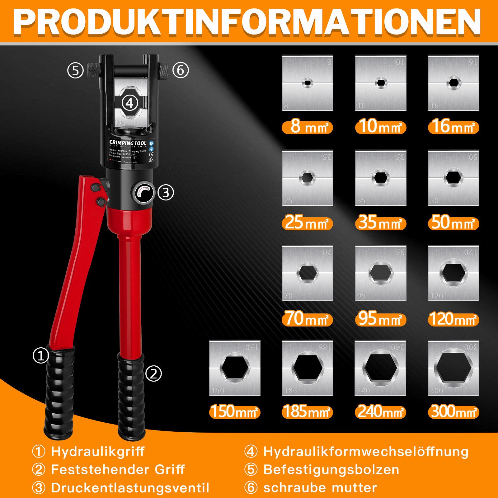 XERSEK Crimpzange Hydraulikzange inkl. 13 Einsätzen & Kabelschere Zange mit Hydraulik, Set 16-tlg., Crimpbereich: 8–300mm², Maximaldruck: 16T, Crimpformen für Kupfer-Aluminium-Kabelschuhe
