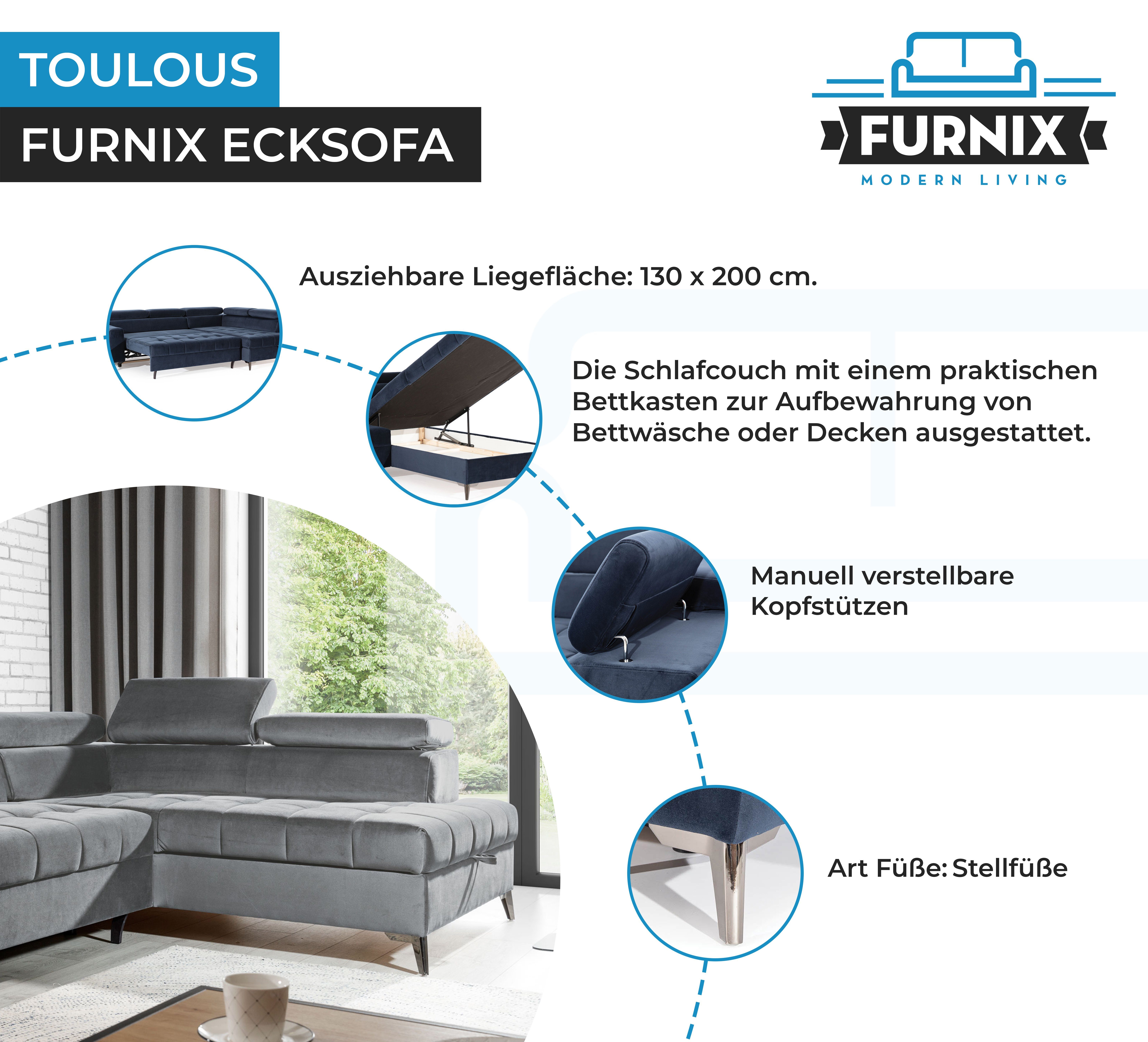 Furnix x Schlaffunktion Verarbeitung Sofa B275 Automat Auswahl, B200 x hochwertige cm Maße: Ecksofa mit Grau TOULOUS H95 DL