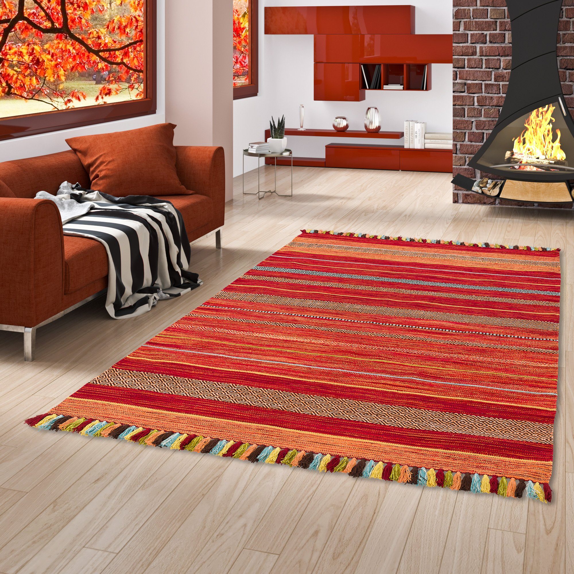 Pergamon Wollteppich Natur Teppich Kelim Kalleen, Rot, Gr. 70 cm x 140 cm x 8 mm