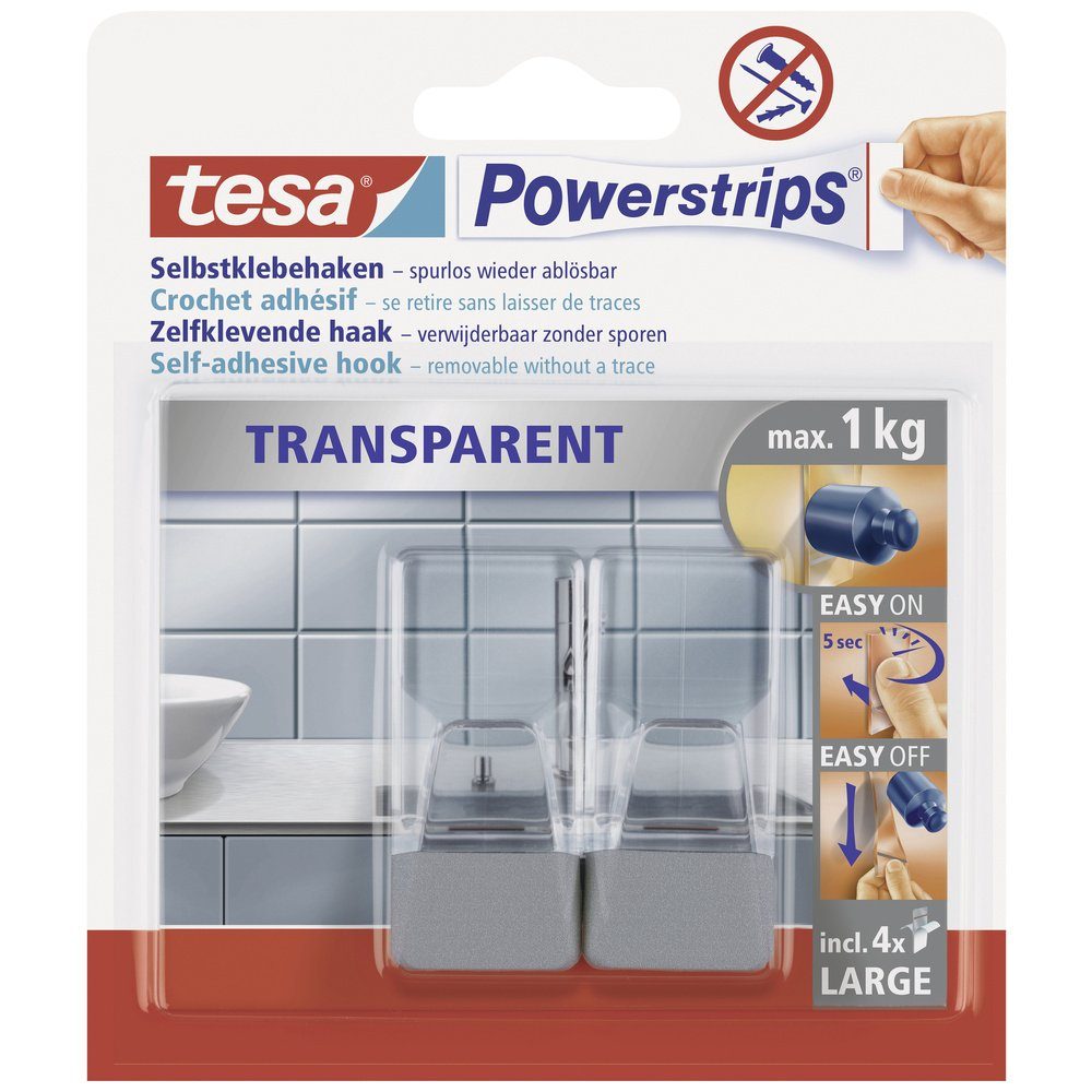 Klebehaken tesa POWERSTRIPS® Klebehaken Large Transparent, Chrom Inhalt: 2 St.