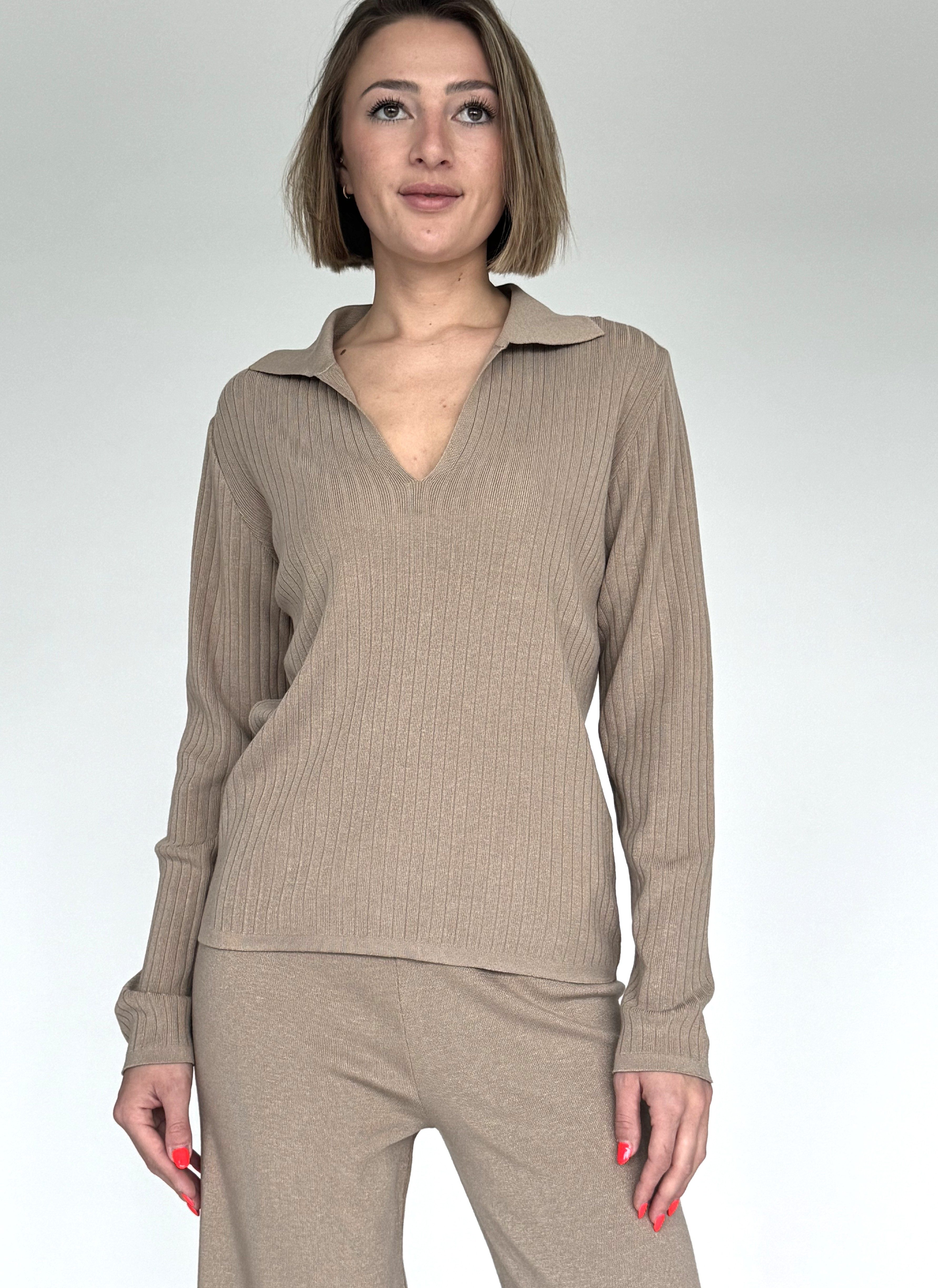 Zuckerwatte V-Ausschnitt-Pullover Rippstrickoptik aus Viskose mit günstig online kaufen