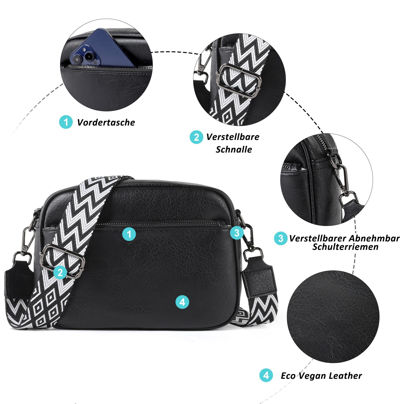 TAN.TOMI Umhängetasche Damen Handy Schultertasche, Kunstleder Crossbody Umhängetasche (Drei Reißverschlussfächern mit Verstellbar Abnehmbar Schultergurt), Breit – Bild 4 von 5