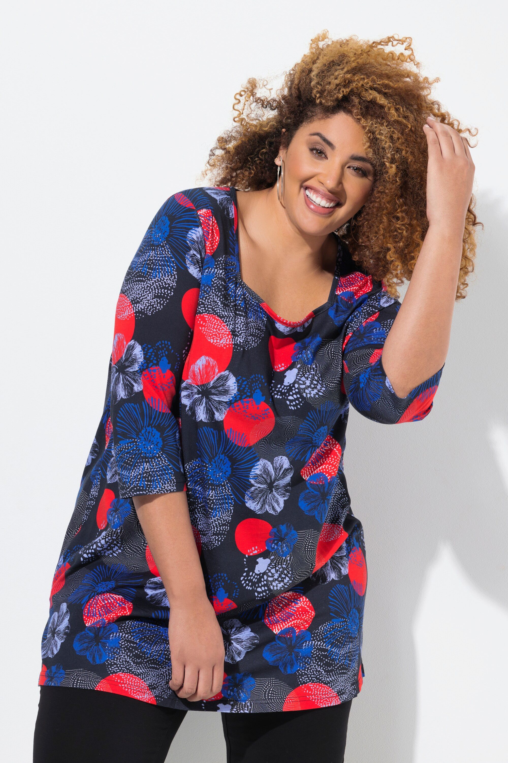 Ulla Popken Longshirt Longshirt A-Linie Carree-Ausschnitt 3/4-Arm