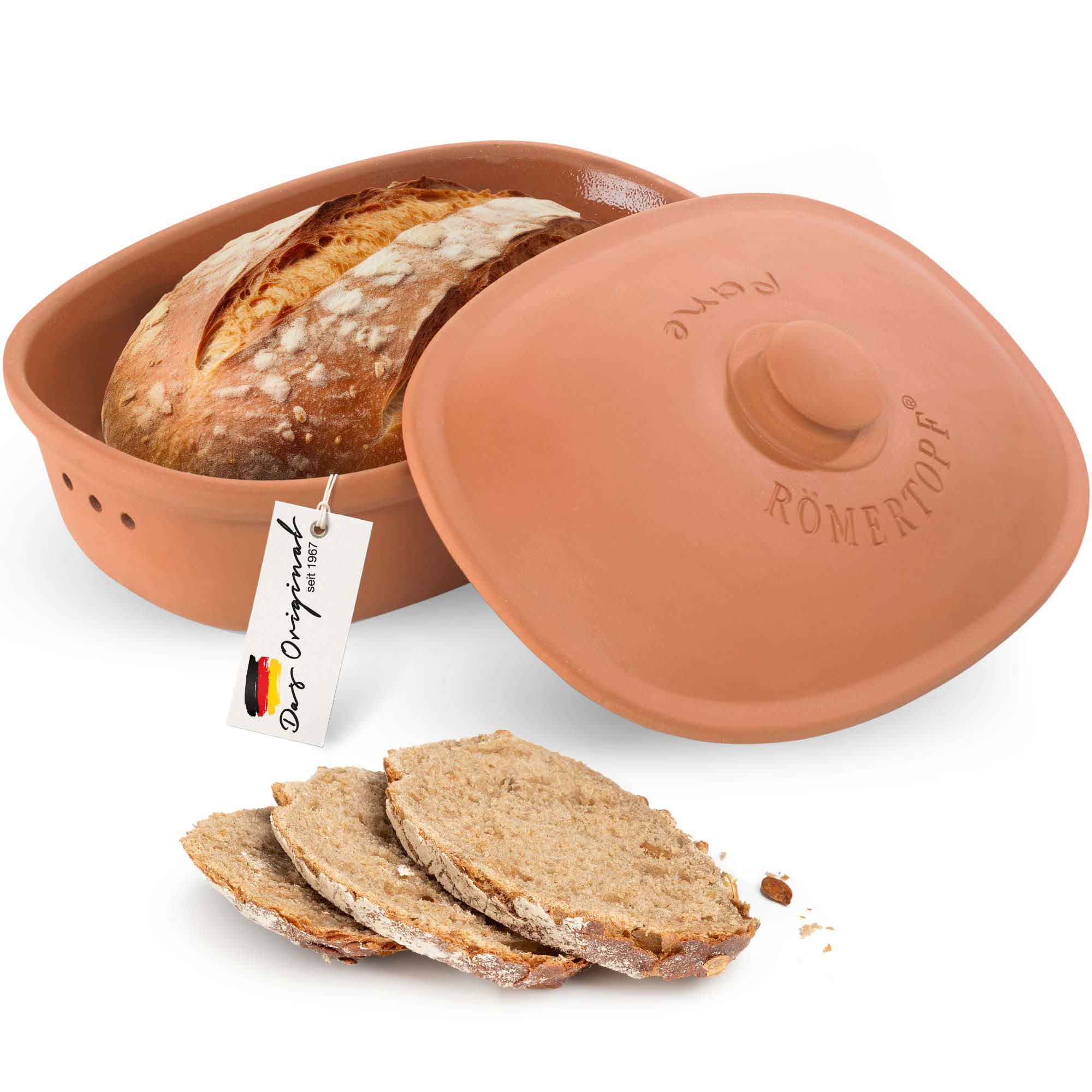 RÖMERTOPF Römertopf Brottopf oval MEDI 2,3 Liter - Keramik Brotkasten, (Set), aus Naturton