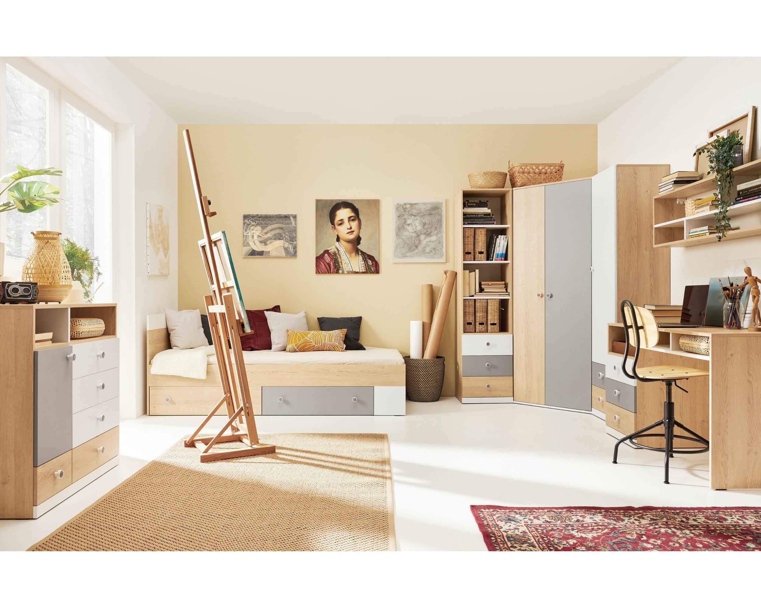 Deine Möbel 24 Jugendbett POKO 15 120x200cm, in Biskuiteiche / Weiß Lux / Grau