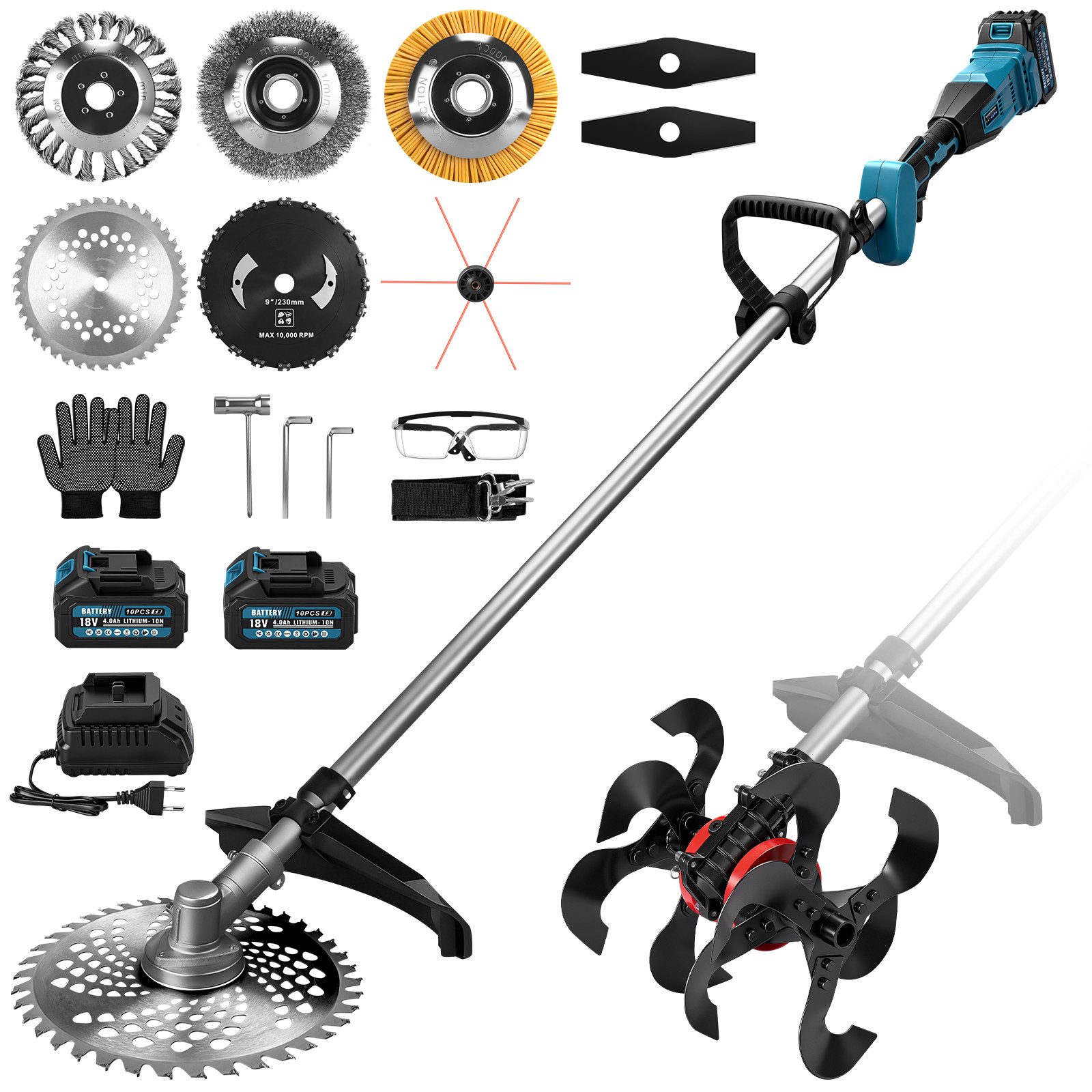 XERSEK Akku-Motorhacke 2in1 Bodenhacke & Rasentrimmer, Gartenfräse Bodenfräse Freischneider, 19 Zubehörteile inkl.2-4,0Ah-Akku, Bürstenloser Motor, Schmiernippel, Abnehmbare Multifunktionale Bodenhacke, Kompatibel mit Makita Akku