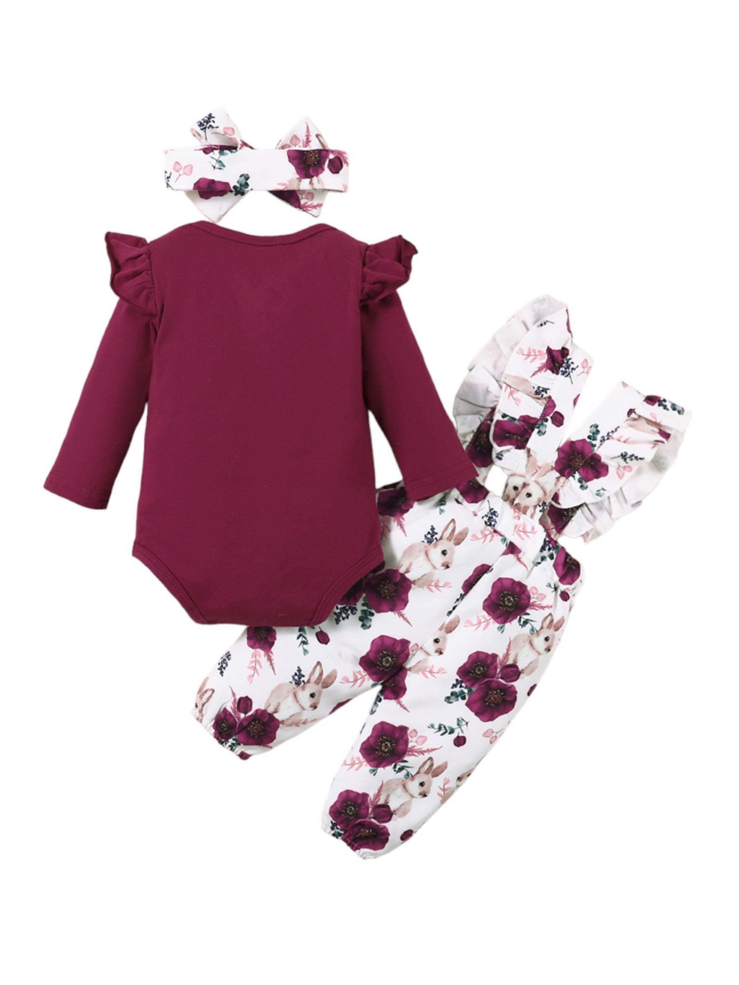 Gluckids Strampler Baby Mädchen Kleidung Set Blumen Langarm Pullover Babykleidung Anzug (3-tlg) Rüschen Langarm Strampler Latzhose Stirnband Sets für täglich Freizeit