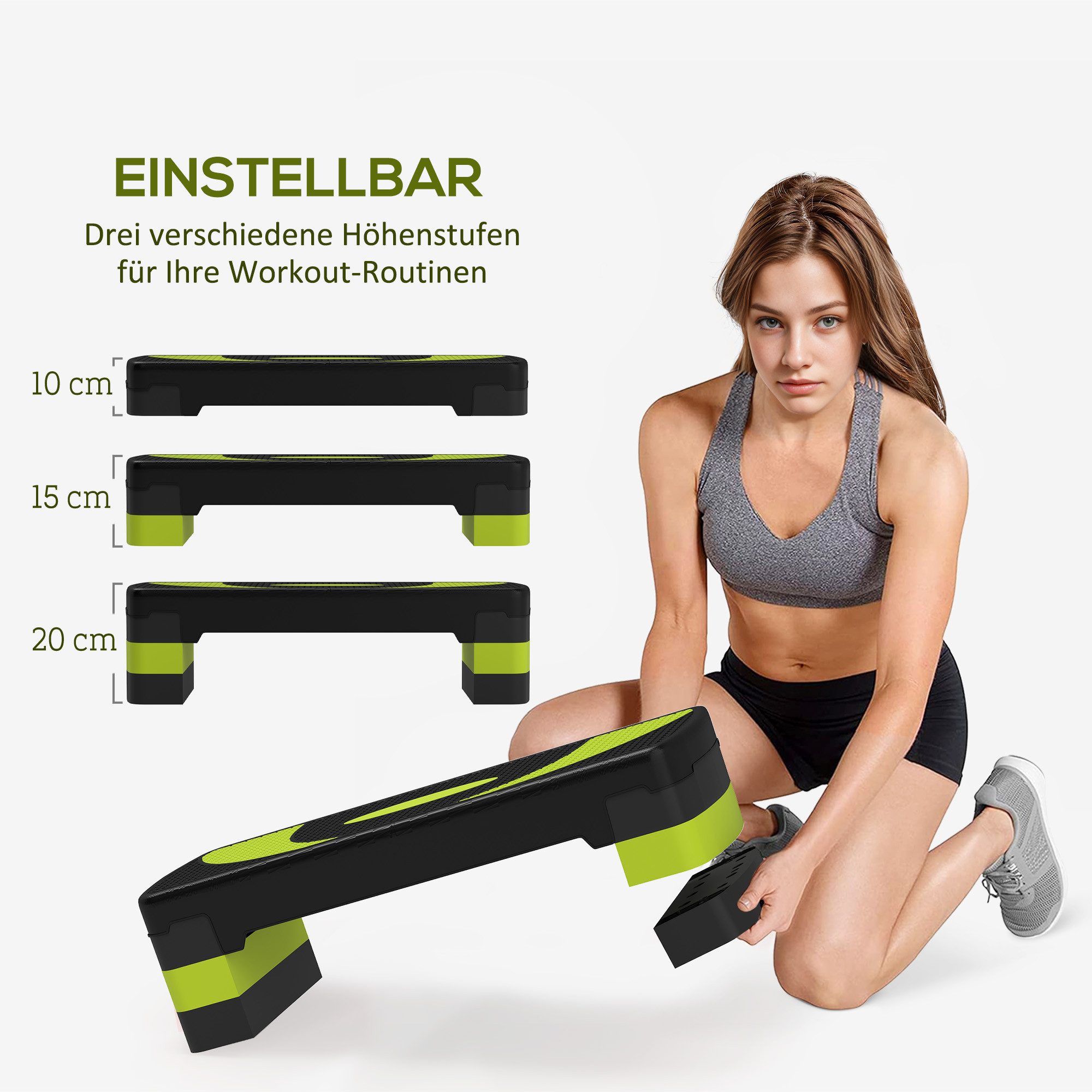 HOMCOM Stepper höhenverstellbar mit 3 Stufen, Fitness Heimtrainer (Aerobic-Stepper, 1-tlg., Steppbrett), für Indoor, Outdoor, Schwarz+Grün