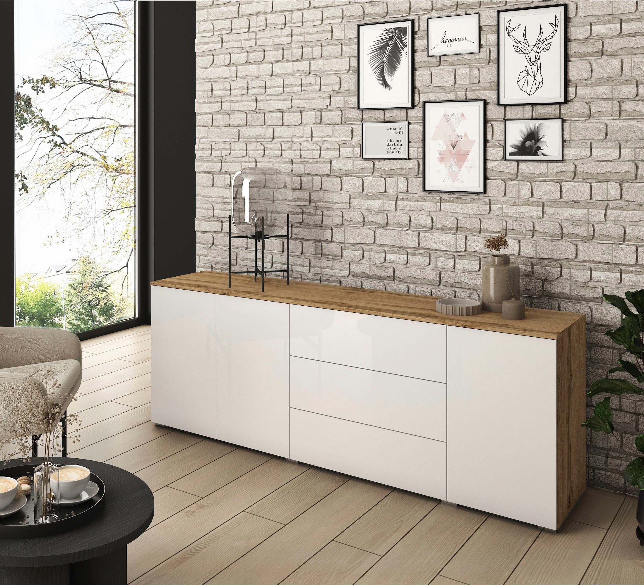 INOSIGN Sideboard Paris, Breite 190 cm Votan eichefarben/weiß Hochglanz | Votan eichefarben