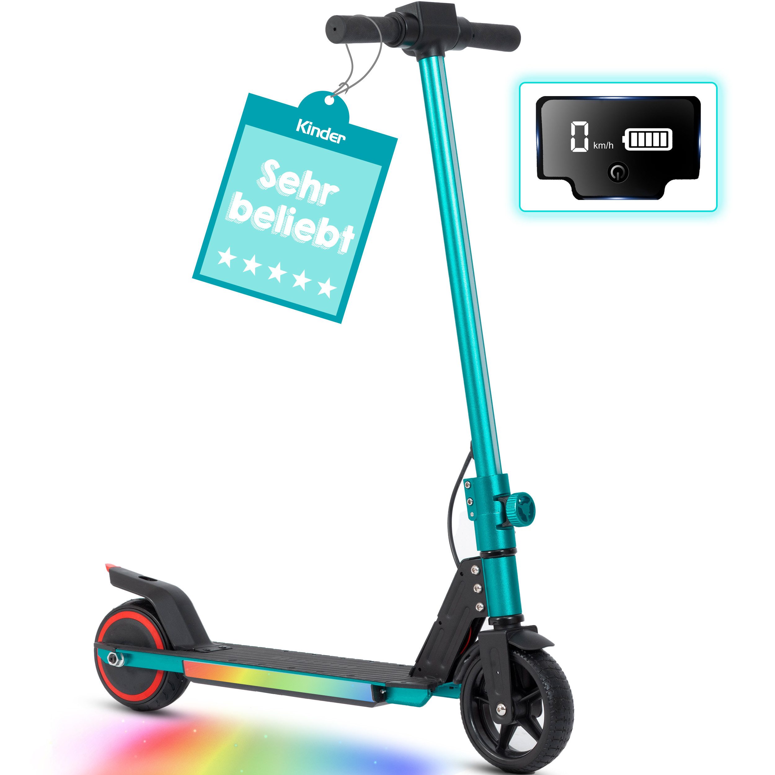 Vankel Cityroller Kinderroller ab 6 jahren, 10km, mit LED Leuchten, klappbar, Tretroller, 150 W, 14 km/h, (bis 80kg, EBS+Fußbremse, klappbare Aluminiumrahmen), Escooter für Kinder, nur 6,5kg, faltbar, für 130-160 cm