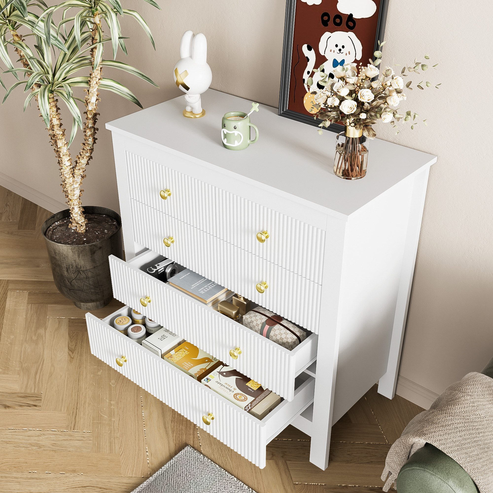 Merax Kommode mit fünf Schubladen und goldenen Metallgriffe, Schubkastenkommode,Sideboard,Wohnzimmerschrank