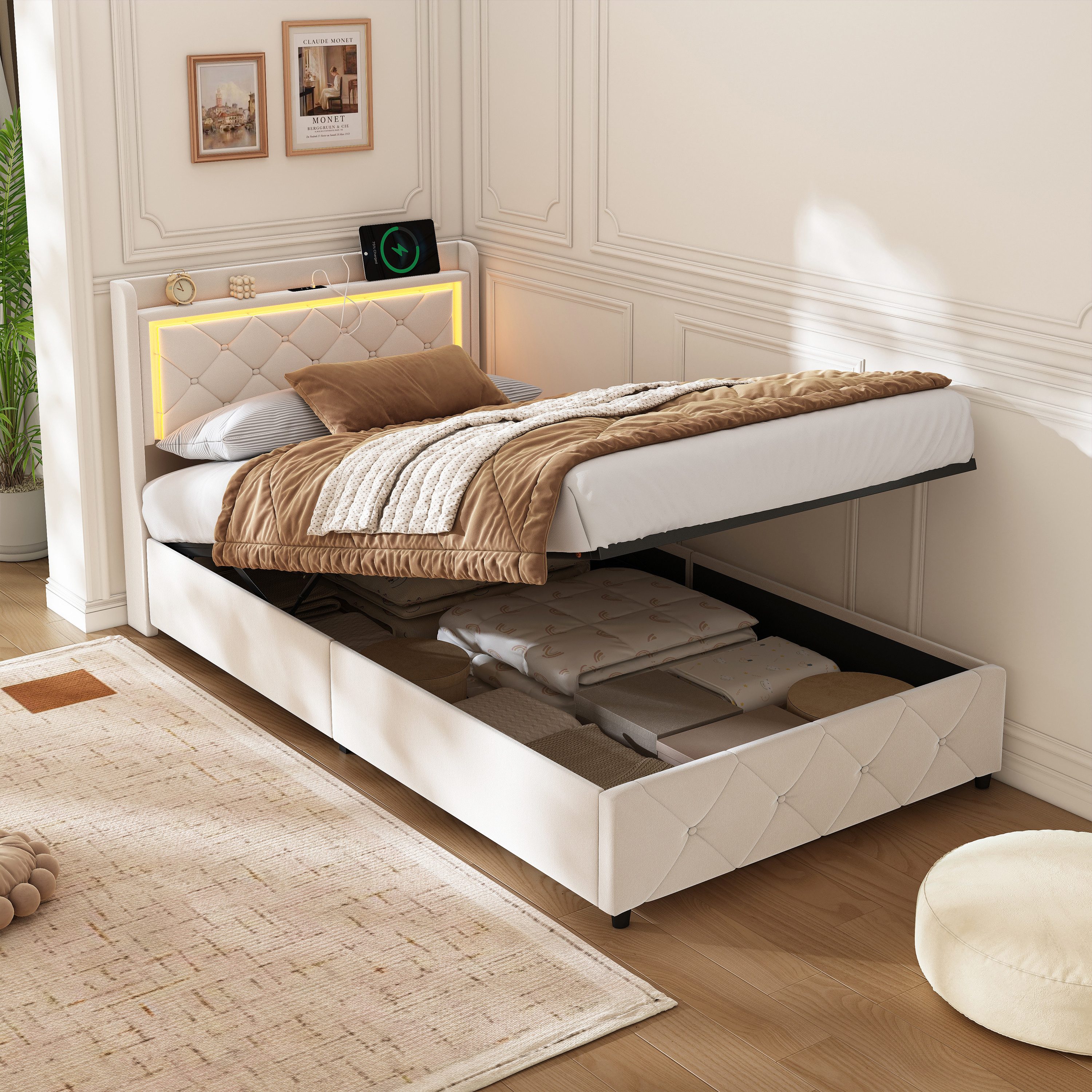 PXloue Polsterbett LED Einzelbett 90x200cm mit Ladefunktion und hydraulischem Stauraum, Geeignet für kleine Wohnungen (mit zusätzlichem Stauraum)