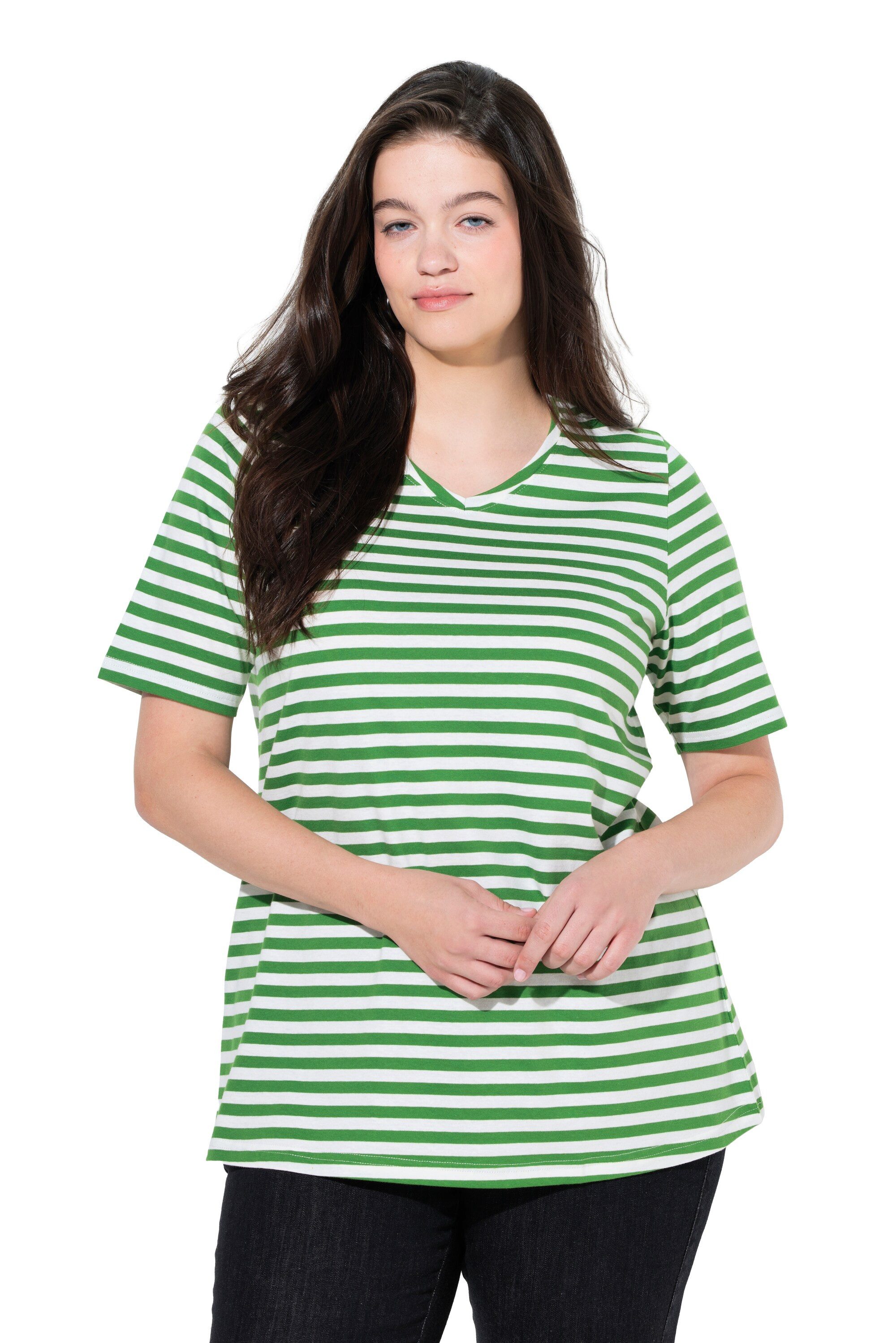 Ulla Popken T-Shirt T-Shirts 2er-Pack Ringel/uni V-Ausschnitt Halbarm günstig online kaufen
