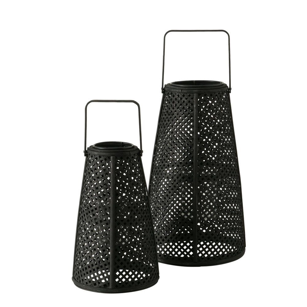 Kerzenlaterne Windlicht BAMBOO schwarz geflochten aus Bambus Holz H32cm mit Glaseins