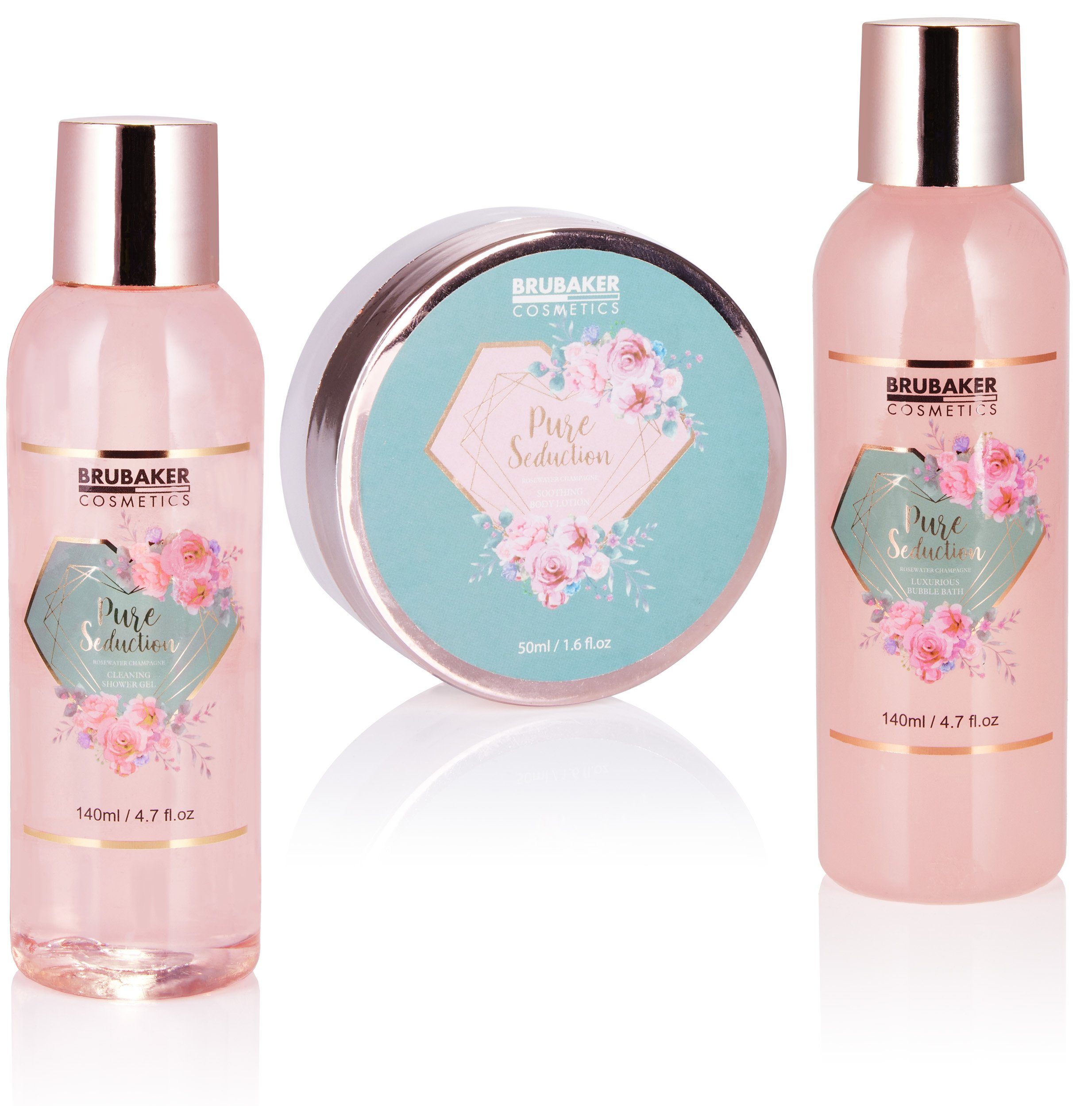 BRUBAKER Pflege-Geschenkset Bade- und Dusch Set - Frauen Wellness Beauty Pflegeset, 7-tlg., Geschenkset in Windlicht mit Rosenwasser & Champagner Duft, Badeset – Bild 3 von 5