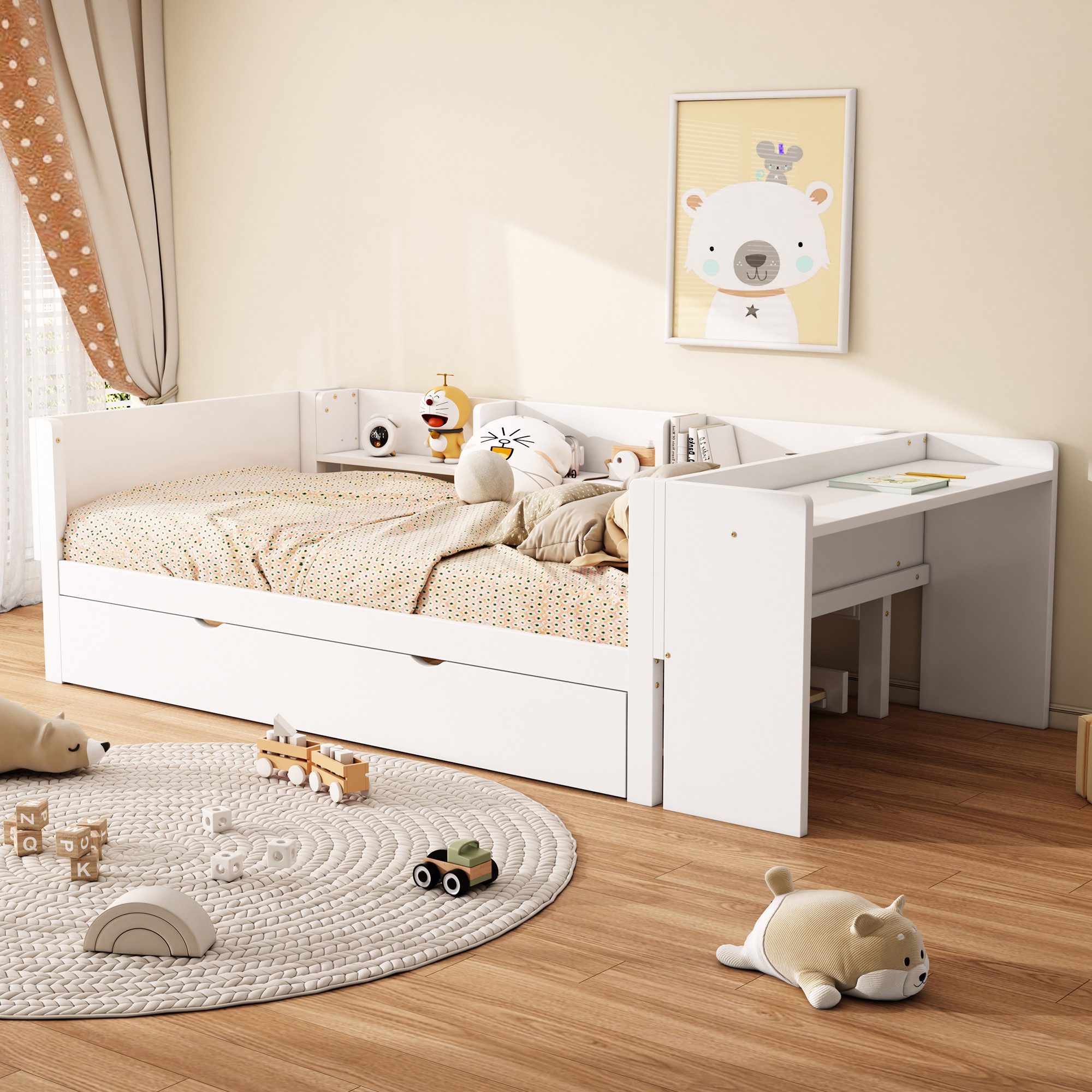 Flieks Massivholzbett, Kinderbett Einzelbett 90x200cm mit Ausziehbett 90x18 günstig online kaufen