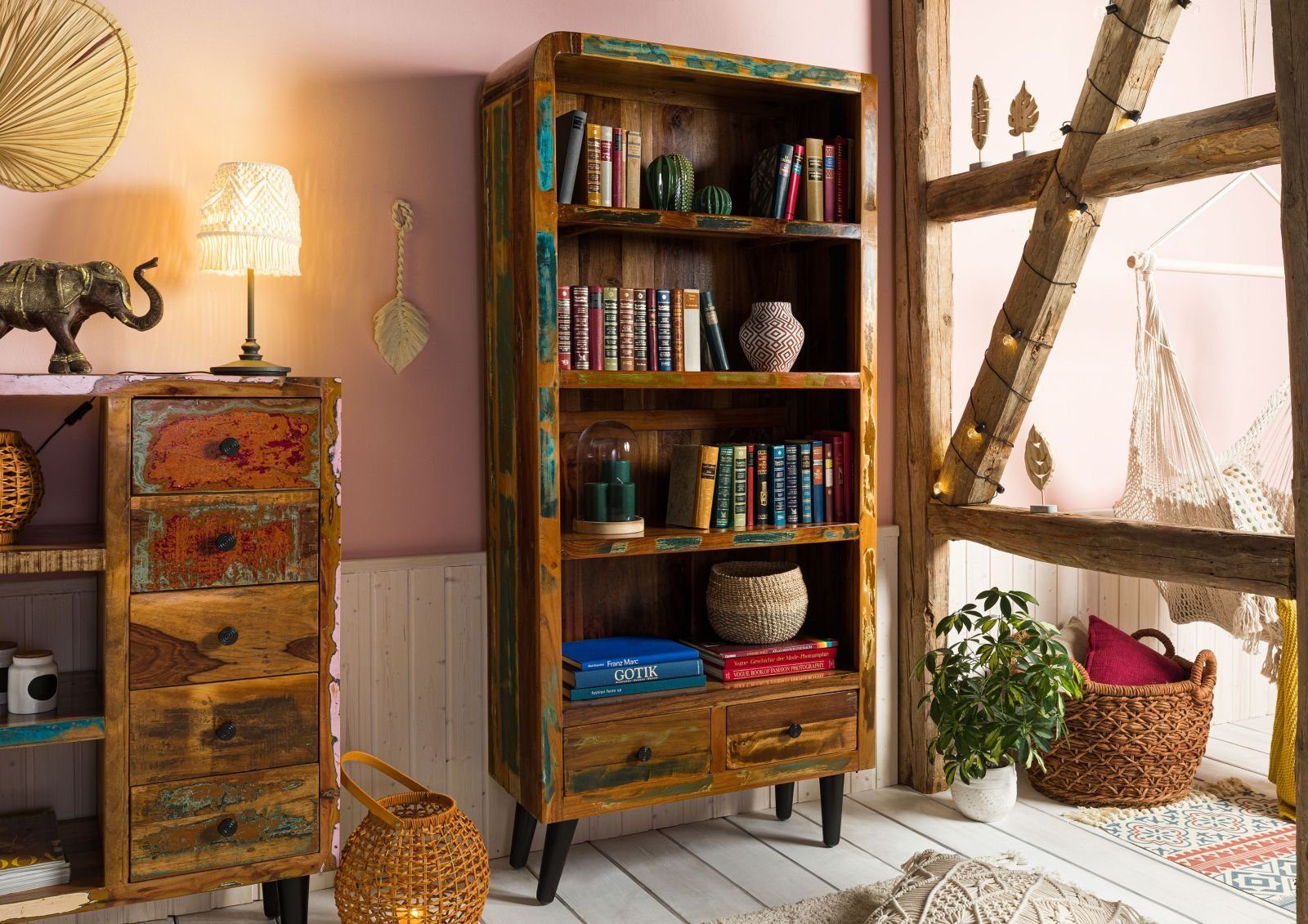 Massivmoebel24 Bücherregal SIXTIES, 1-tlg., Regal Altholz 90x35x180 mehrfarbig lackiert SIXTIES #107