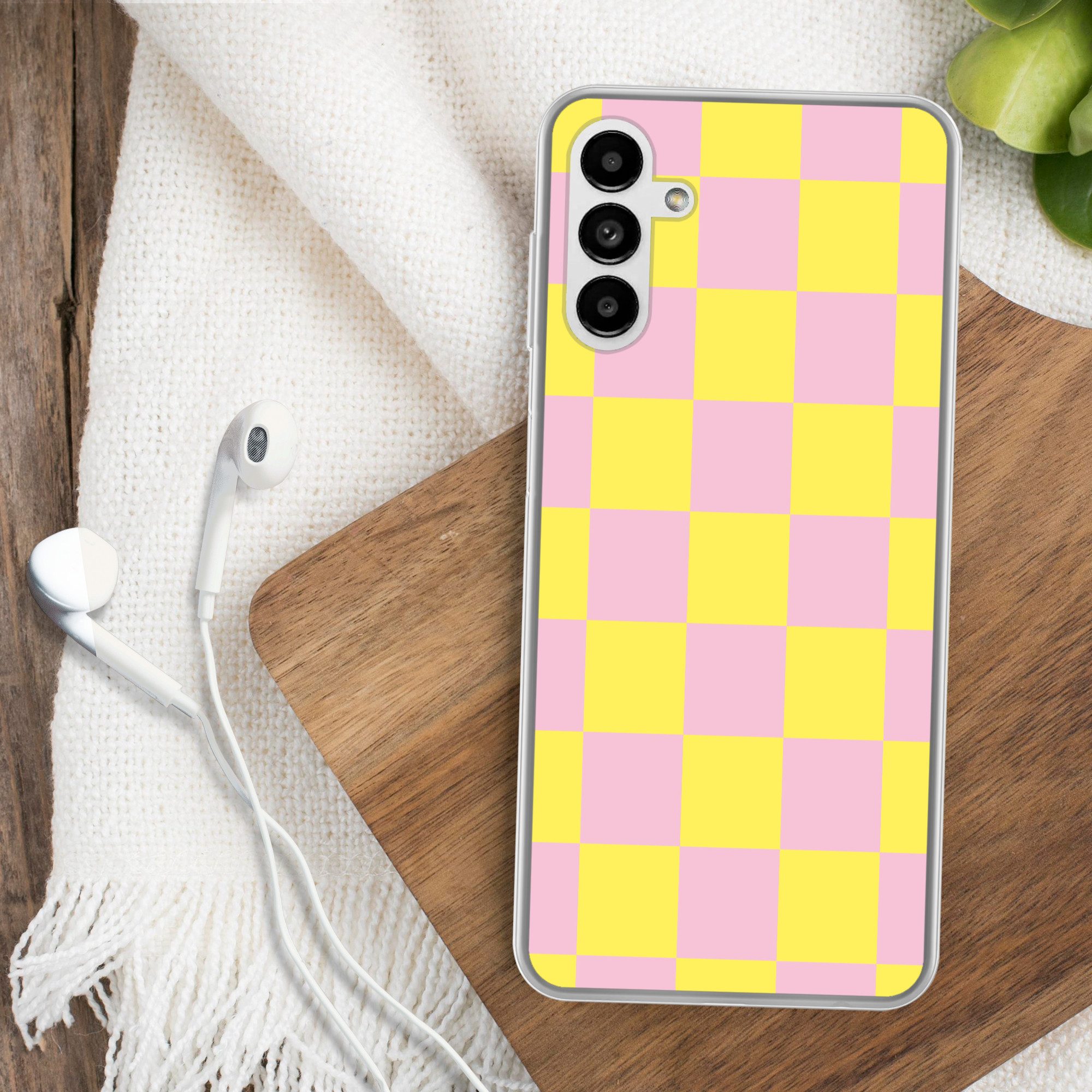 MuchoWow Handyhülle für Samsung Galaxy A04s Schachbrettmuster - Gelb - Rosa - Würfel, Handy Case, Silikon, Bumper Case Dünn