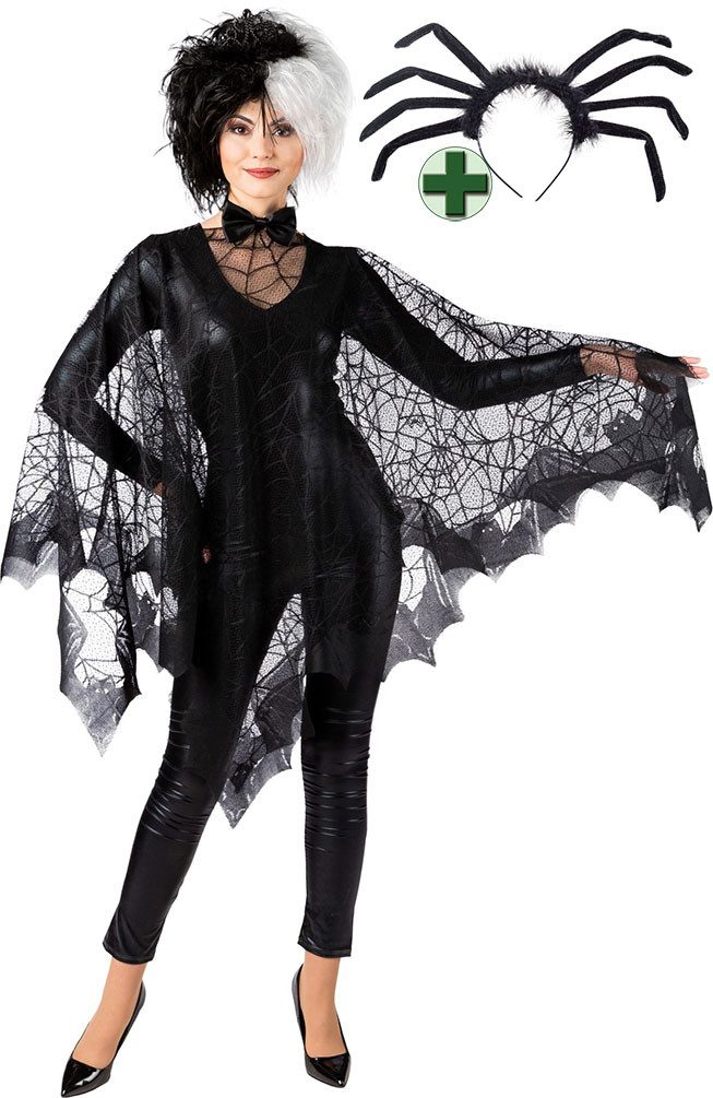 Karneval-Klamotten Kostüm Spinne Damen Grusel Spinnweben Poncho mit Haarreif, Halloweenkostüm schwarz Spinnen Umhang mit Spinne Kopfschmuck Karneval
