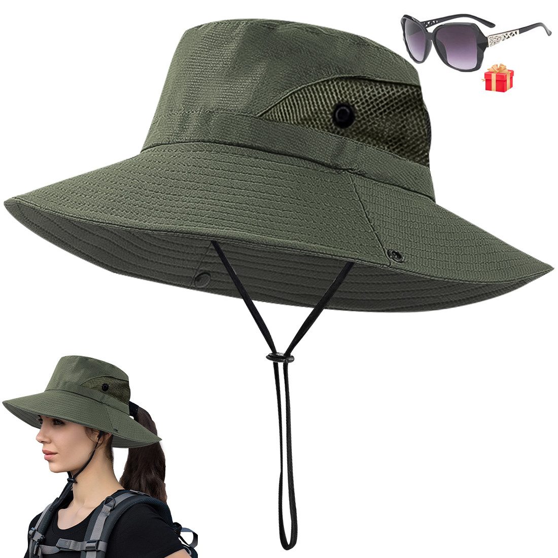 MOPUEA Sonnenhut Fischerhut Sonnenhut Sonnenhüte Bergsteigerhut (Set, 1-St., Leicht, platzsparend und ideal für Reisen und Outdoor-Aktivitäten) mit Pferdeschwanzöffnung, ideal für Dutt oder Zopf.