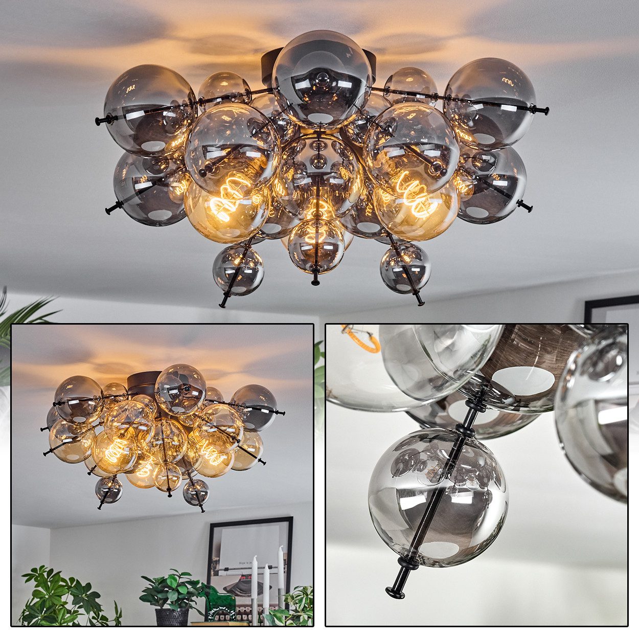 hofstein Deckenleuchte Deckenlampe aus Metall/Glas in Schwarz/Rauchfarben, günstig online kaufen