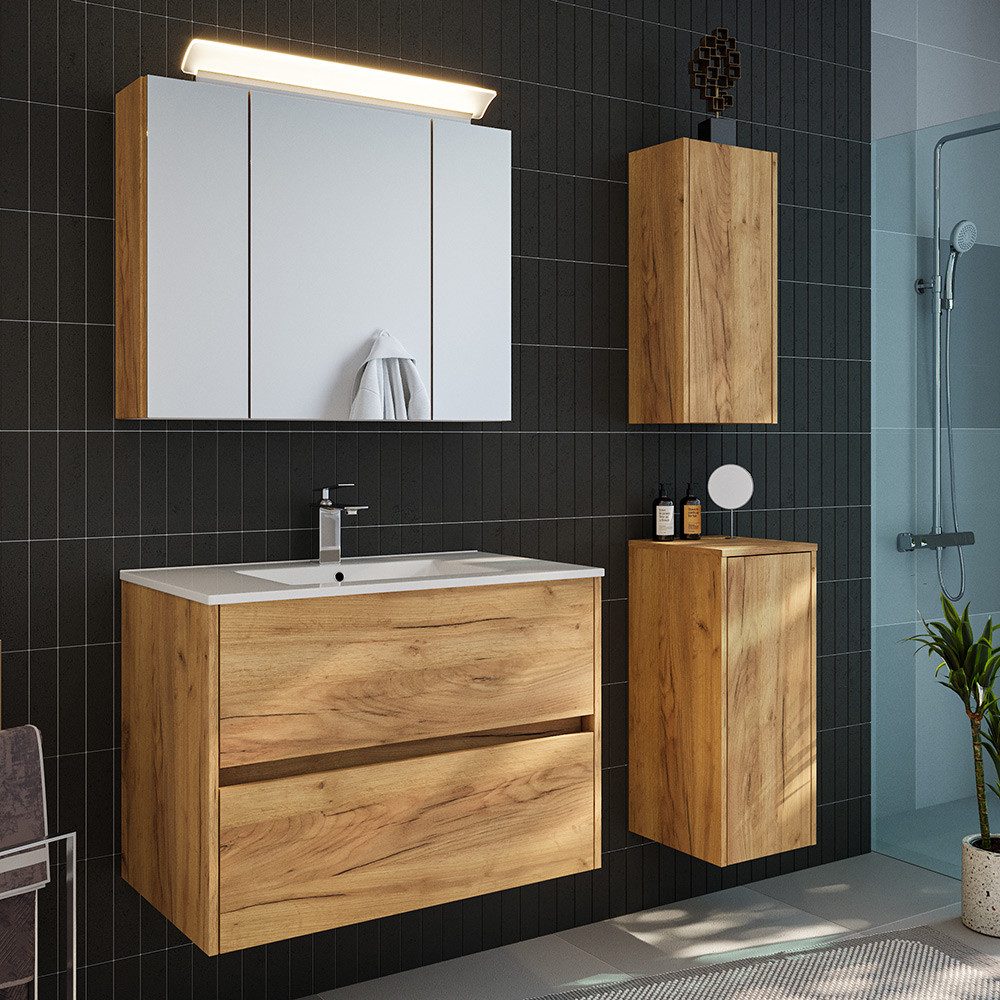 Lomadox Badmöbel-Set LIVIGNO-02, (Spar-Set, 4-St., Spiegelschrank Waschtisch Hängeschrank Unterschrank), in Eiche mit LED-Beleuchtung