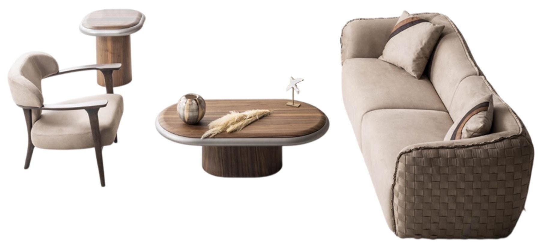 Xlmoebel Polstergarnitur Moderne Beige Sofagarnitur mit Sessel und Beistelltischen 4tlg, (4-tlg), Made in Europa