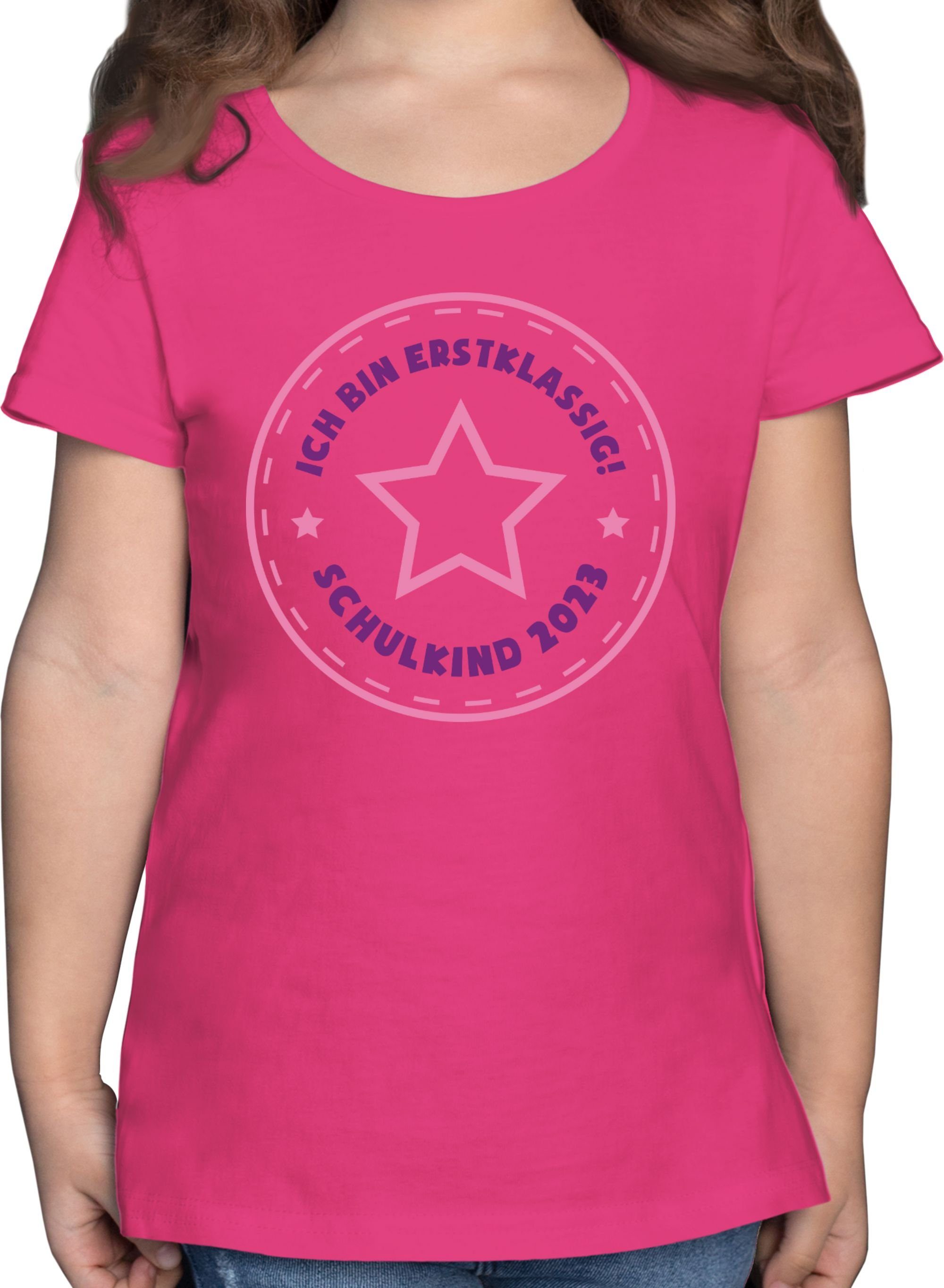 2023 Mädchen rosa Einschulung 2 Ich Fuchsia bin erstklassig Stern Shirtracer T-Shirt Schulkind
