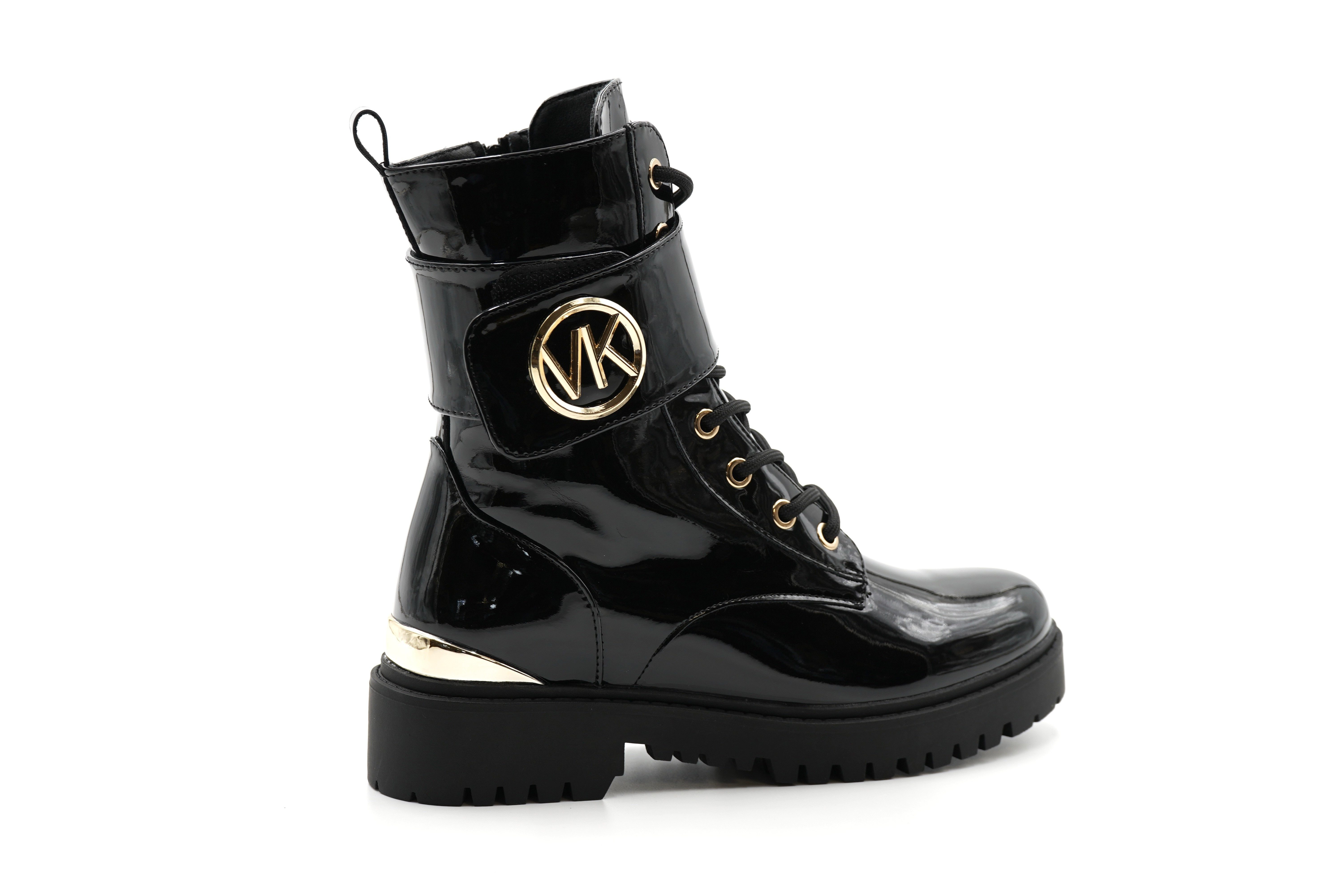 Sonderpostendiscount Damen Stiefletten Schwarz Lack Modell XJ-670 mit Reissverschluss Schnürstiefelette seitlicher Reissverschluss