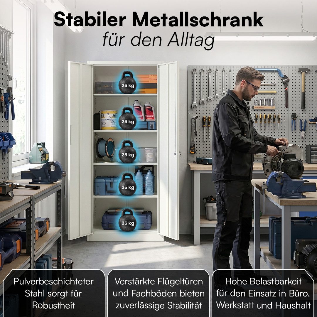 STEELSØN Aktenschrank Regulus aus Stahl, abschließbar (Weiß) Spindschrank mit 4 höhenverstellbaren Einlegeböden, inkl. Schloss