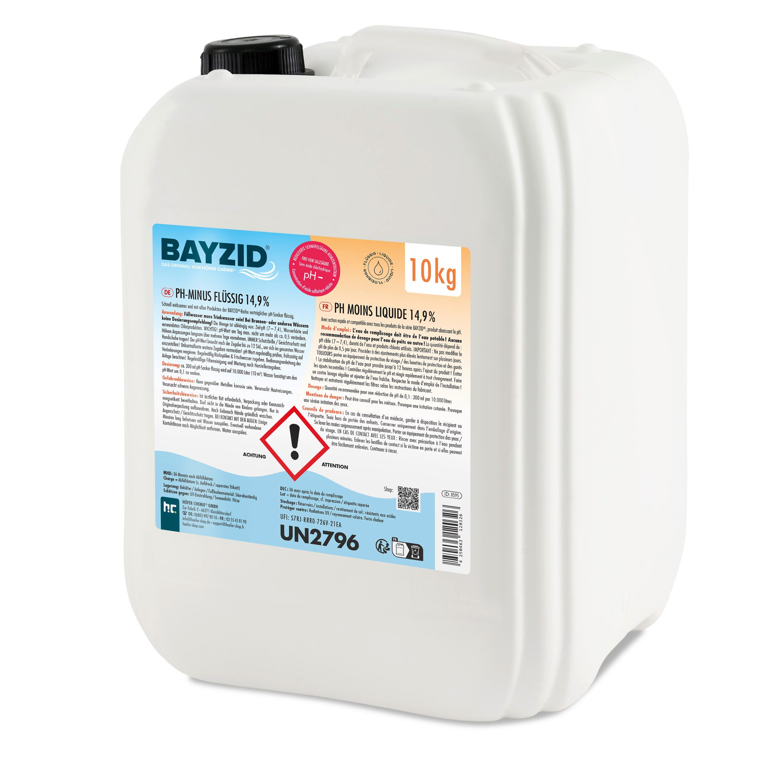 Höfer Chemie GmbH Poolpflege 10 kg BAYZID® pH Minus flüssig 14,9%, Zuverlässige Regulierung des pH-Werts