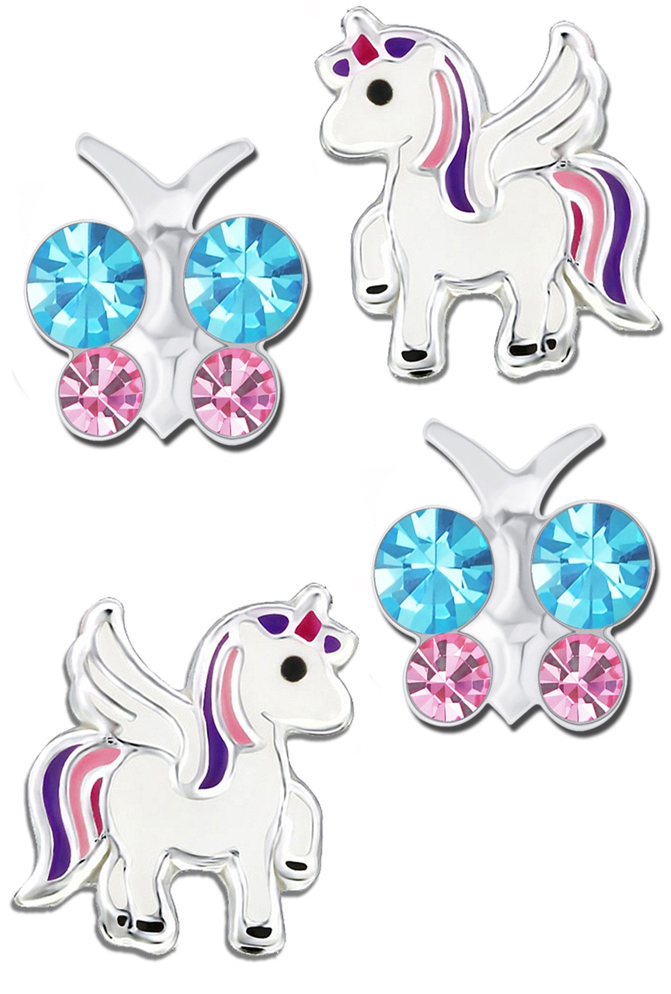 Limana Ohrstecker-Set Mädchen 925 Silber Pferde Einhorn Schmetterling Kinderohrringe, Zirkonia Kristalle
