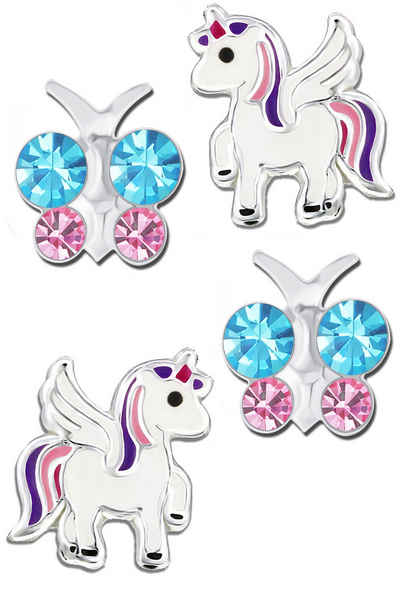 Limana Ohrstecker-Set Mädchen 925 Silber Pferde Einhorn Schmetterling Kinderohrringe, Zirkonia Kristalle