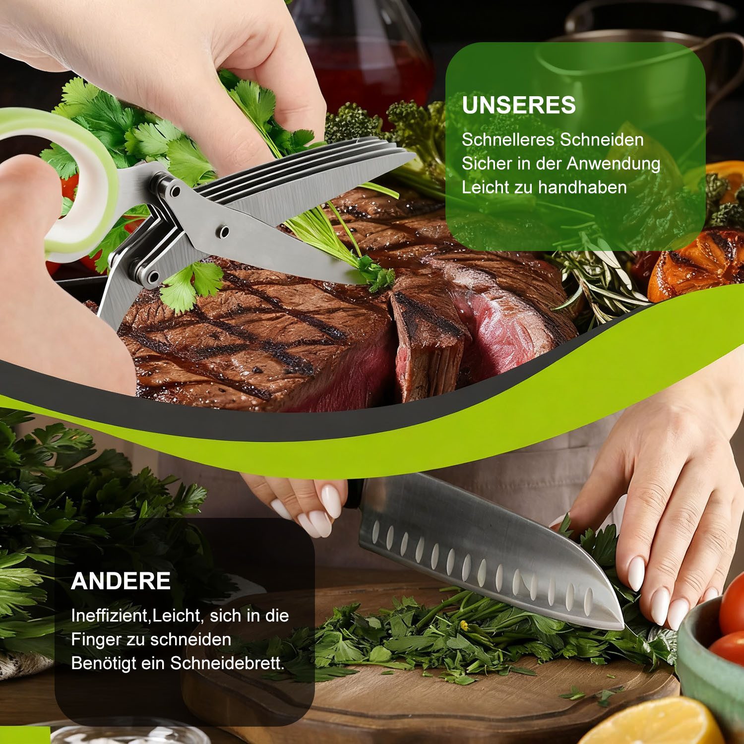 SURFOU Kräuterschere Edelstahl 5 Klingen Küchen Schnittlauchschere Gemüseschere, mit ReinigungKamm und Sicherheitsabdeckung Abstreiflöchern für Kräuter