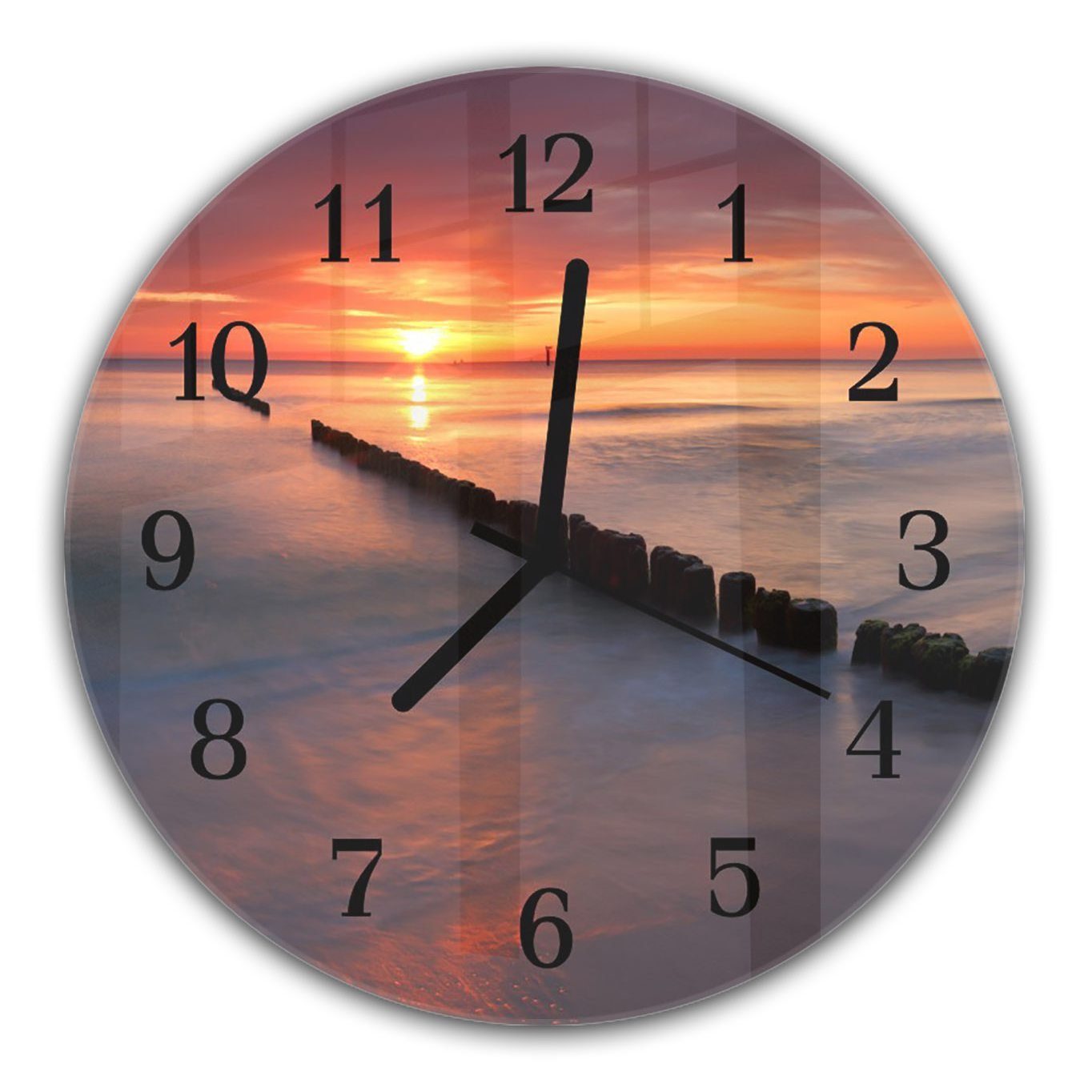 Primedeco Wanduhr Wanduhr aus Glas mit Motiv Sonnenaufgang am See - Rund mit Durchmesser 30 cm und Quarzuhrwerk