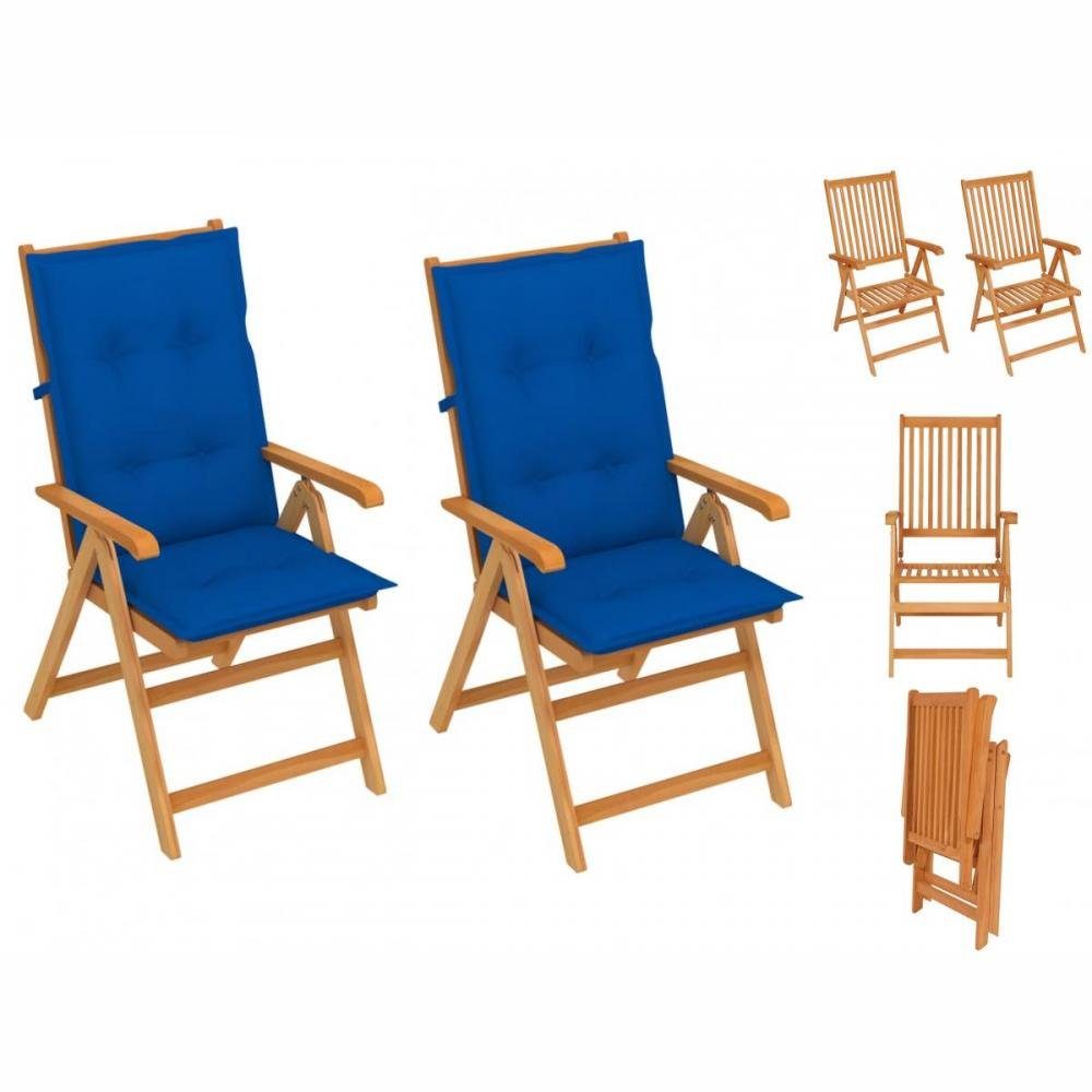 vidaXL Gartenstuhl Gartenstühle 2 Stk mit Königsblauen Auflagen Massivholz Teak Hochlehne