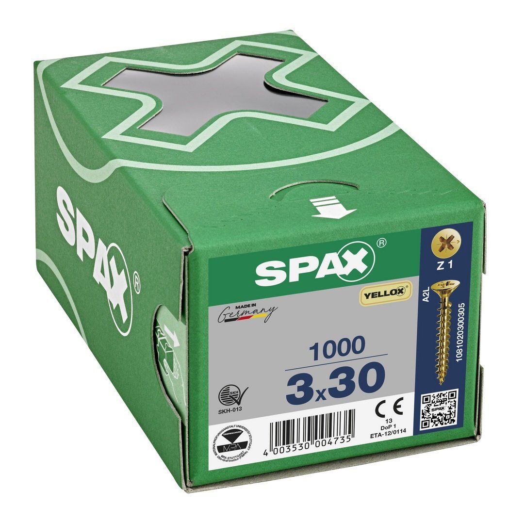 SPAX Spanplattenschraube Universalschraube, verzinkt, 1000 gelb (Stahl St), 3x30 mm