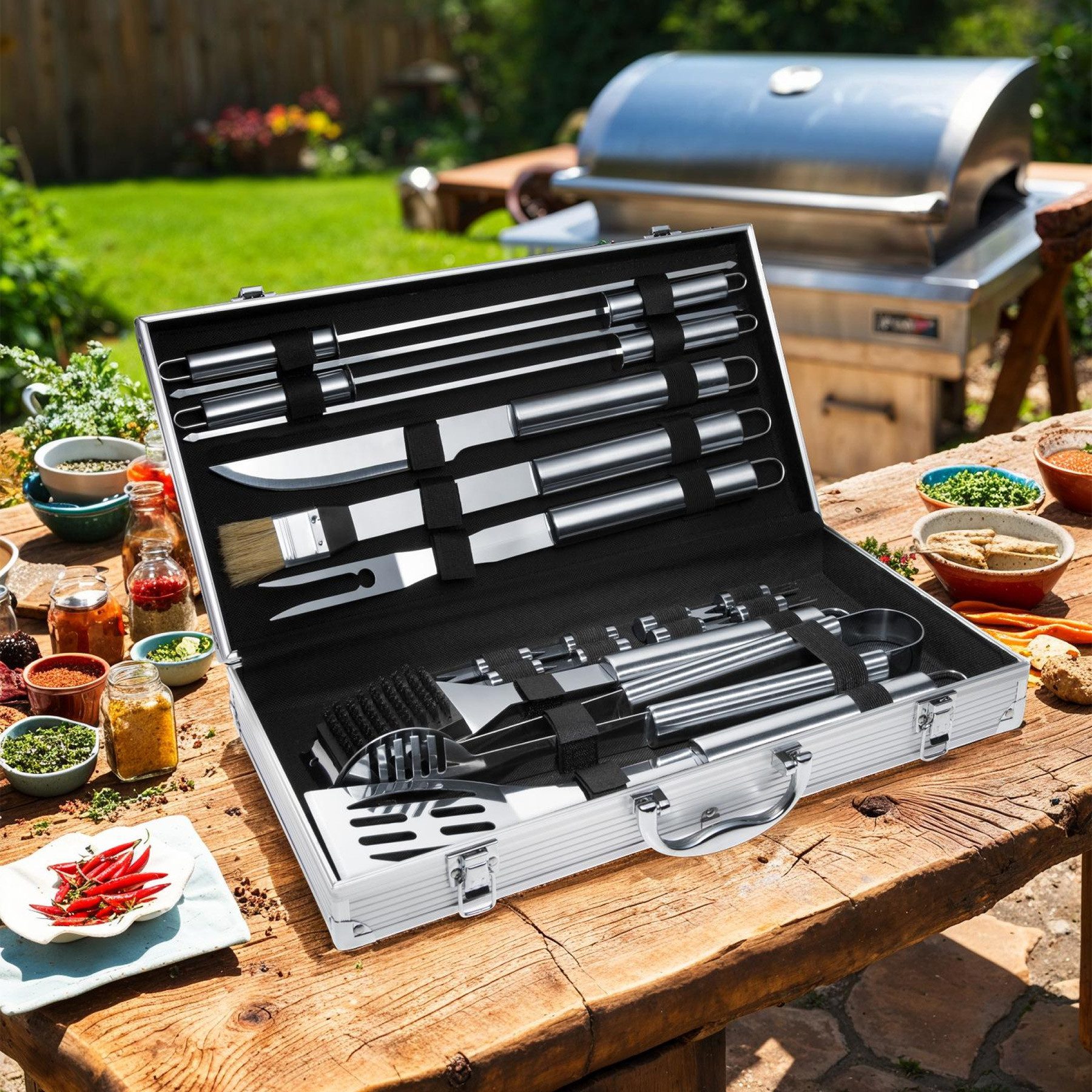 tectake Grillbesteck-Set 18-tlg. Grillbesteck-Set aus Edelstahl mit langen Griffen im Koffer, (Grillwerkzeug-Set, in grau), mit Samt-Innenverkleidung für übersichtliche Aufbewahrung des Bestecks