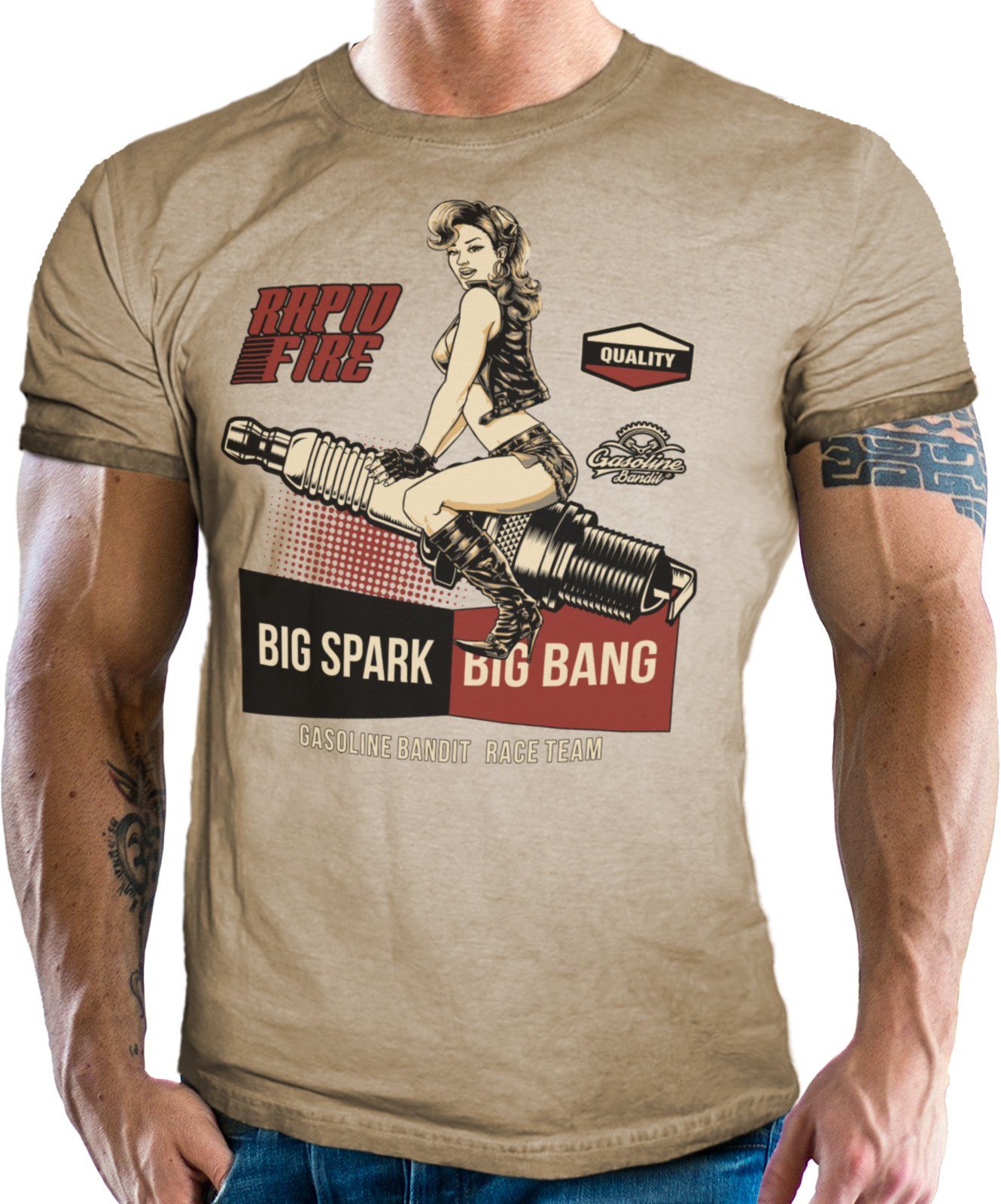 GASOLINE BANDIT® T-Shirt für Biker, Motorrad und Racing Fans: Big Spark Washed Sand