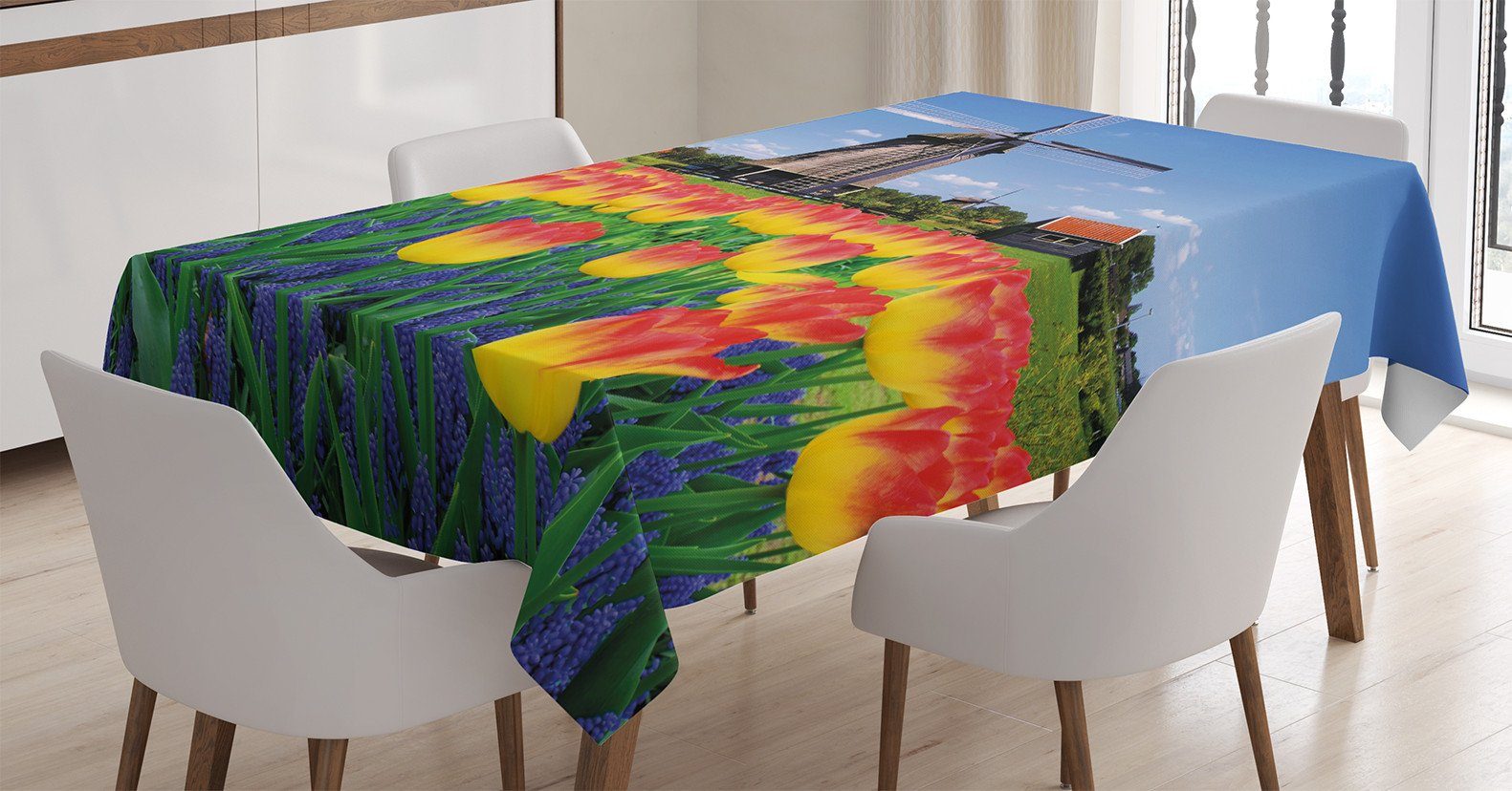 Abakuhaus Tischdecke Farbfest Waschbar Für den Außen Bereich geeignet Klare Farben, Blume Blooming Tulip Windmill | Tischdecken