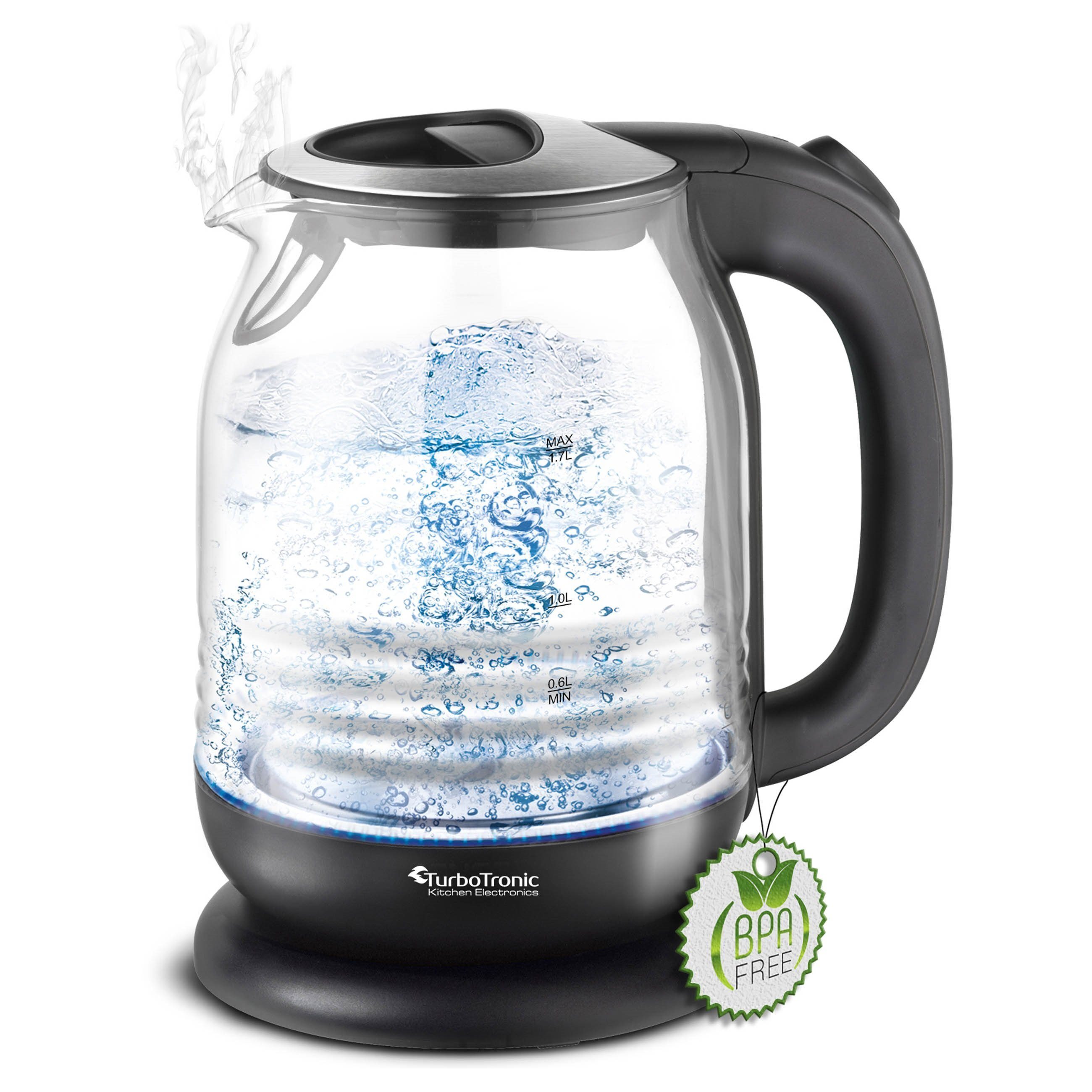 TurboTronic by Z-Line Wasserkocher aus Glas mit Kalkfilter, 1,7 l, 2200 W, LED Beleuchtung Blau (innen) BPA Frei