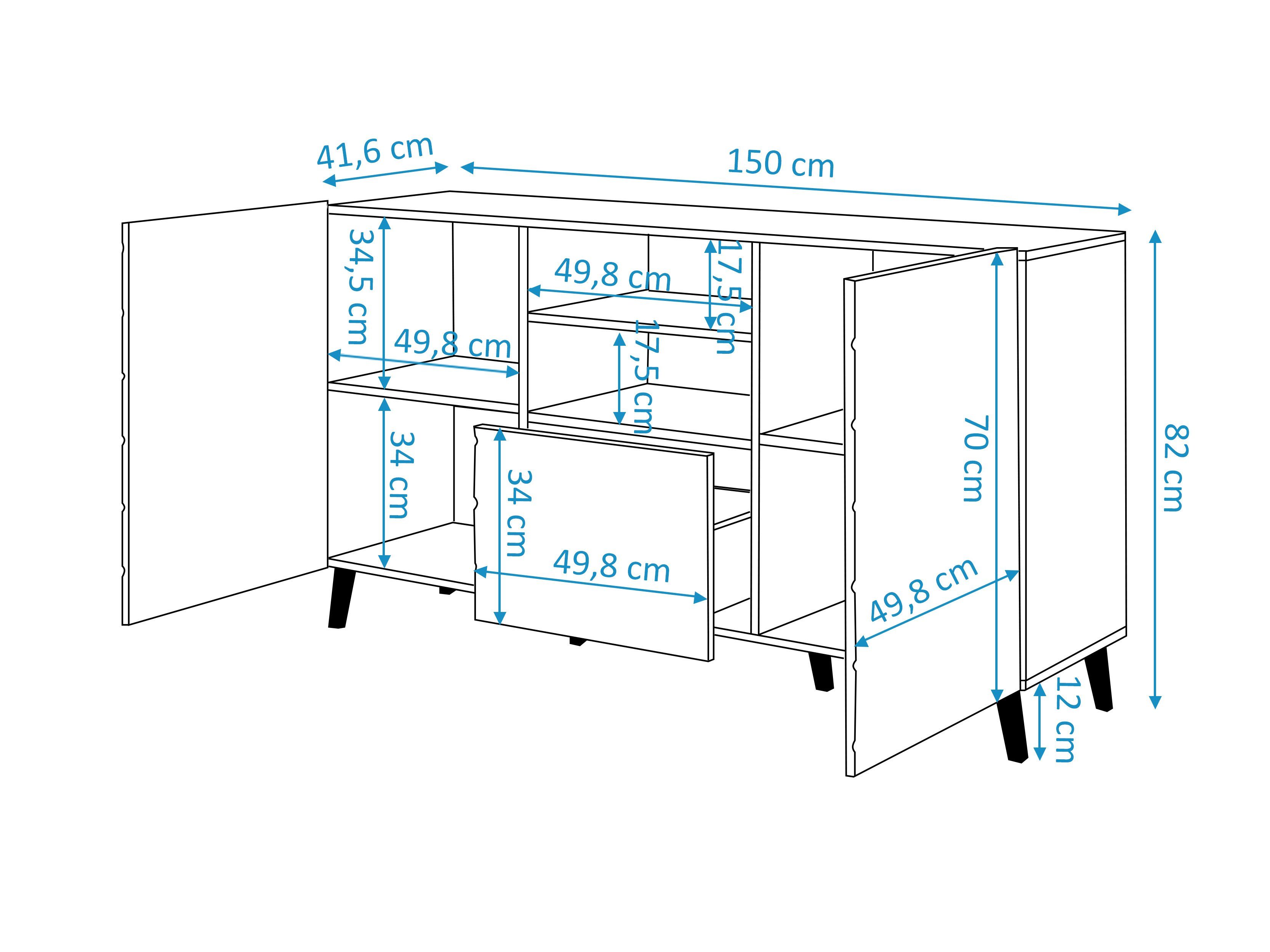 T41,6 Furnix mit Ziertüren/Metallgestell und cm Schwarz Glanz Sideboard Kommode Hochglanz, Schublade H82 x B150 x ODELIA