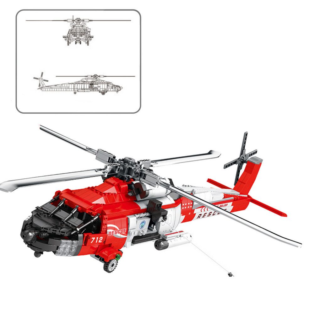 LEAN TOYS Modellbausatz Rettungshubschrauber Klemmbausteine Sammlermodell, (Spar-Set, 1137-tlg., 68 x 53 x 14 cm beweglich), 1137 Teile, drehbare Rotoren, Rettungswinde, Aufkleber