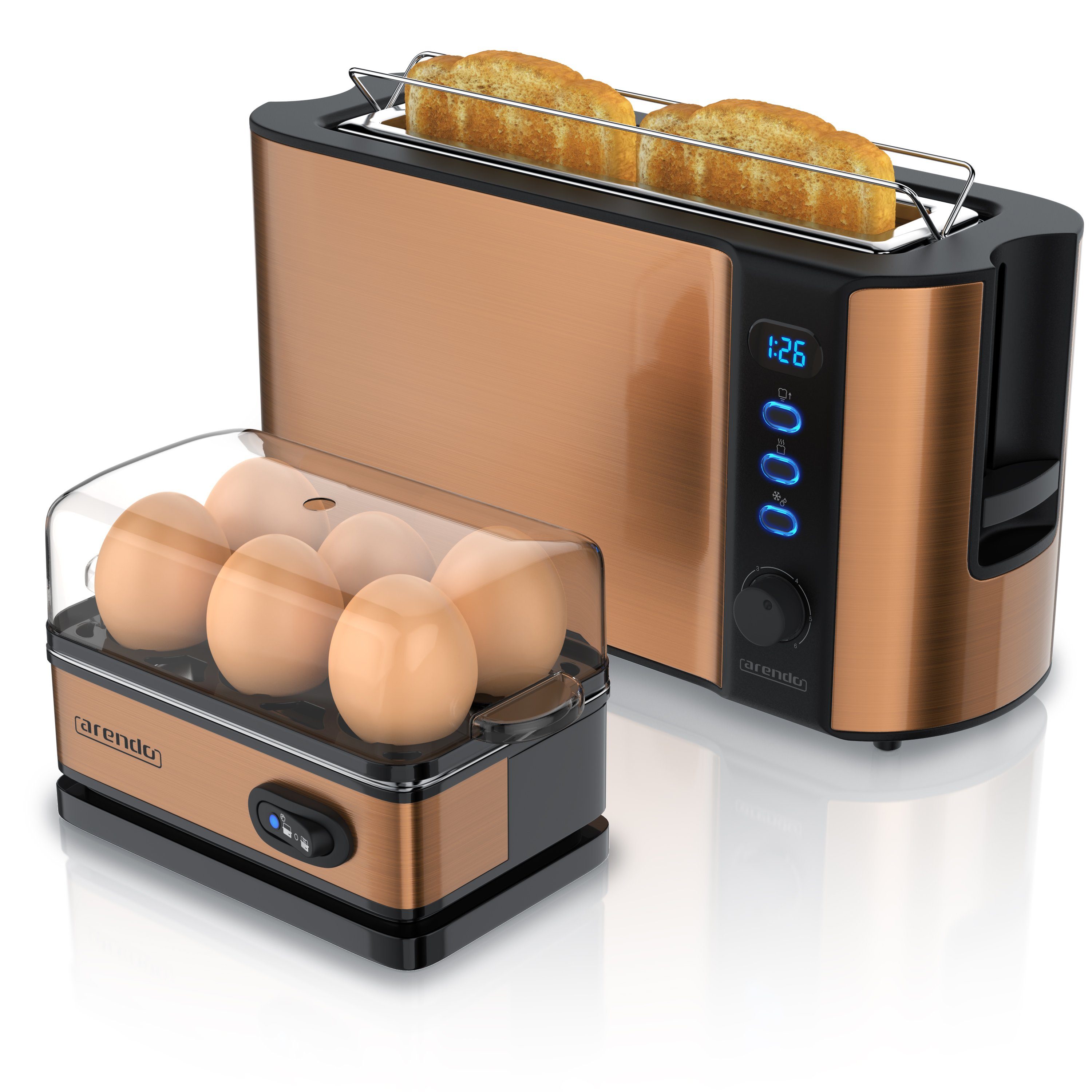 Kupfer 2-Scheiben (2-tlg), Toaster, 6er Arendo Eierkocher, Frühstücks-Set Langschlitz