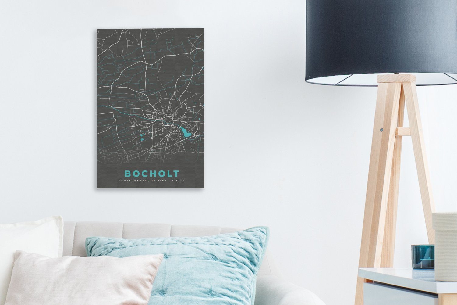 Bocholt - Karte, Stadtplan cm Deutschland Leinwandbild St), (1 - - Zackenaufhänger, fertig OneMillionCanvasses® bespannt inkl. Leinwandbild 20x30 Gemälde,