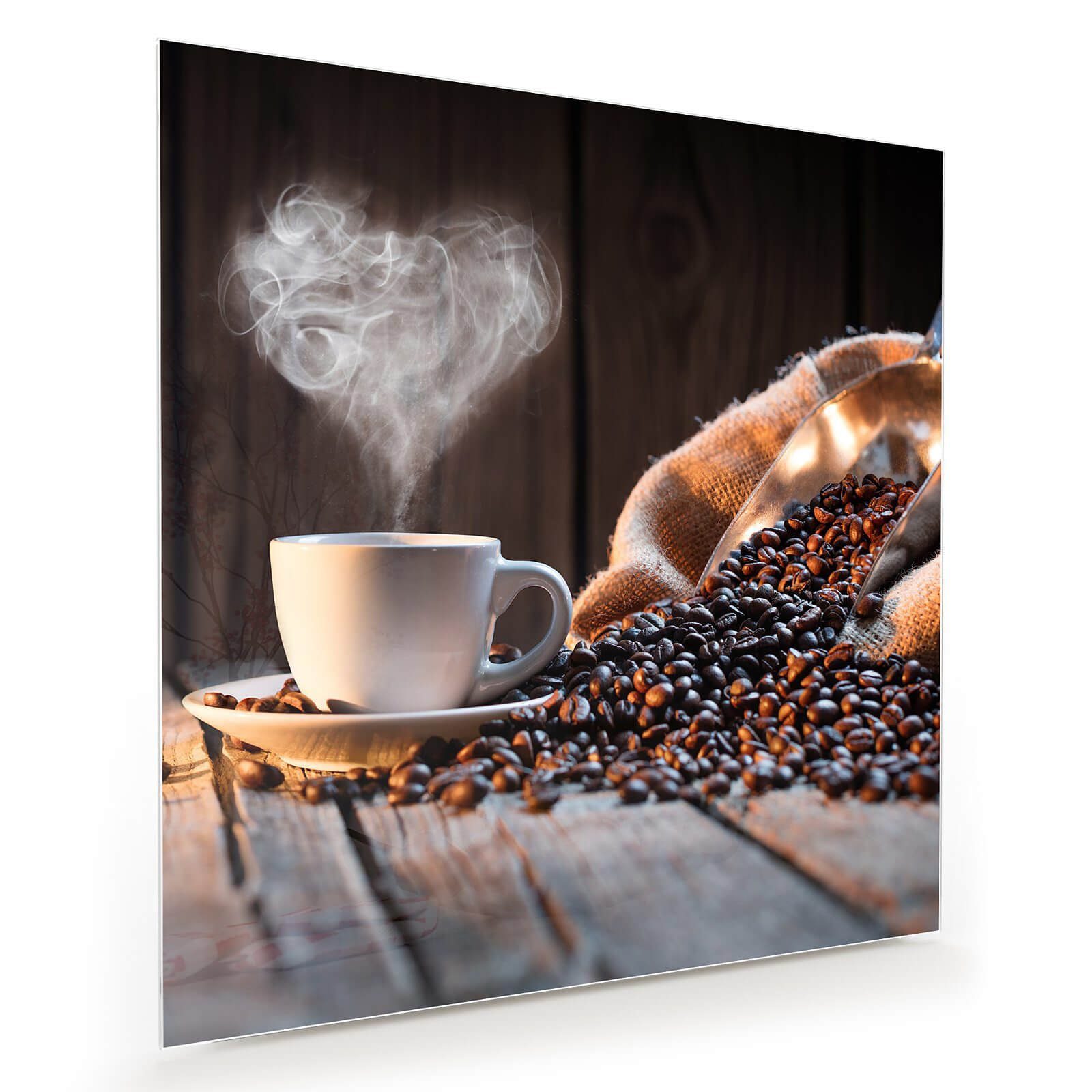 Glasbild Wandbild Quadratisch Herzform Rauch aus Tasse mit Aufhängung