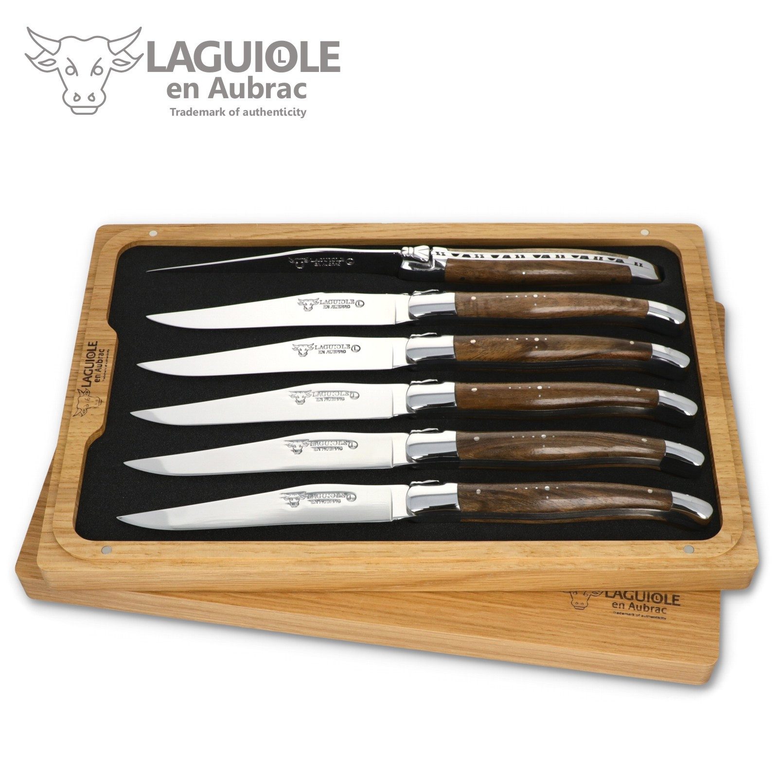 Laguiole en Aubrac Steakmesser 62C99NOIH BRI 6er Set - Griff Nussbaum - Backen glänzend - Klinge glänzend - Holzbox