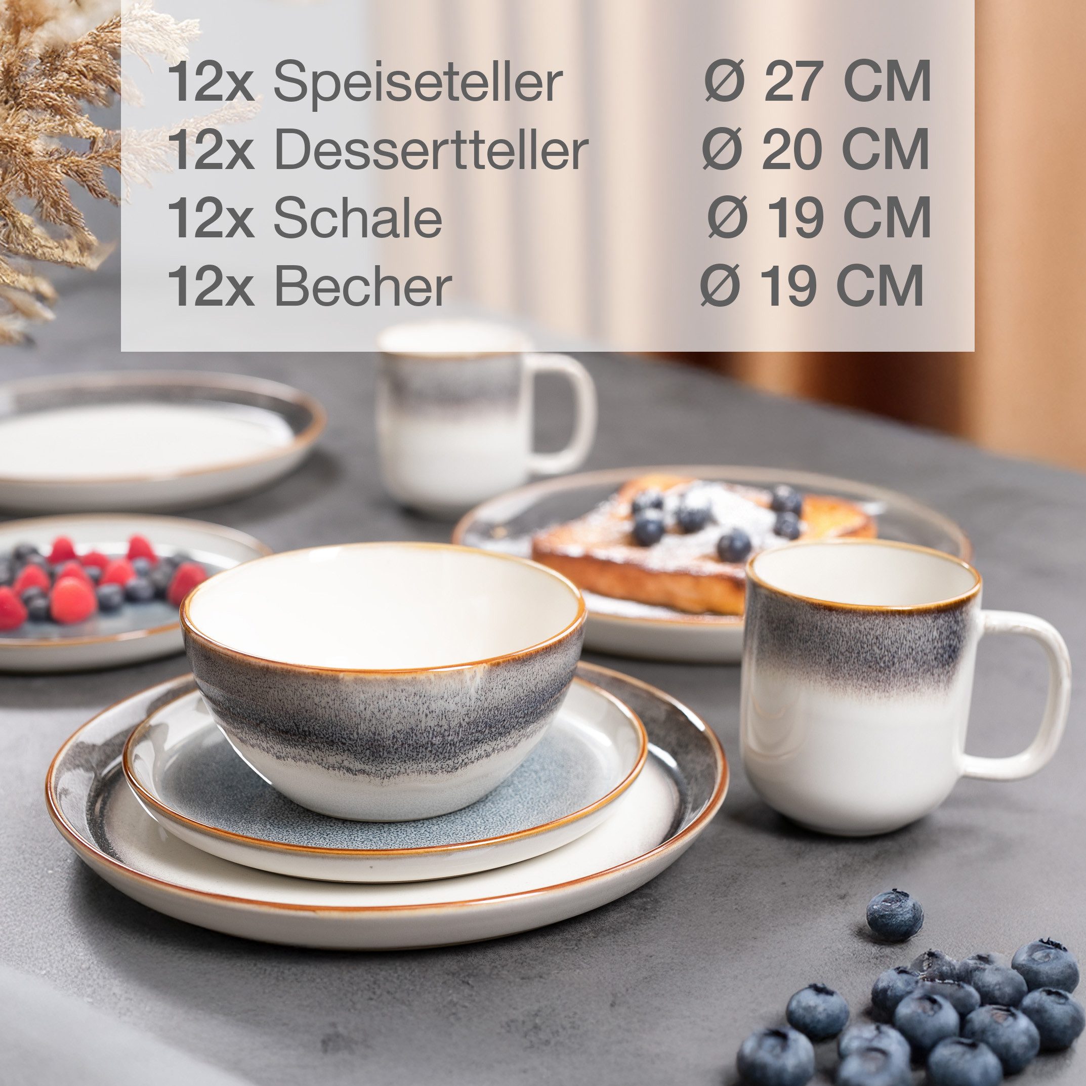 Moritz & Moritz Kombiservice TARENTO 48tlg Geschirr Set (48-tlg), 12 Personen, Steinzeug, Steinzeug Tafelservice